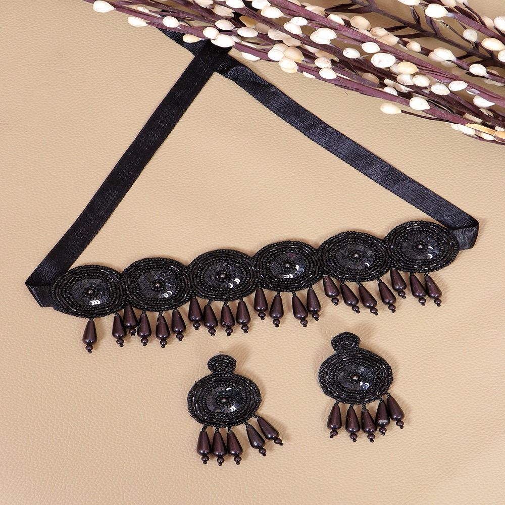 Crunchy Fashion Crunchy Fashion Black Beaded Handmade Choker Jewellery Set CFS CFS0393