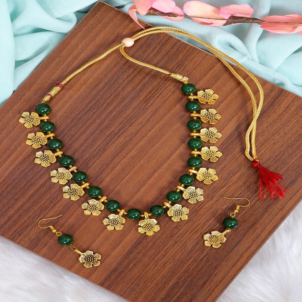 Crunchy Fashion Gold Plated Dark Green Beads Choker Necklace Earring Set RAS RAS0421