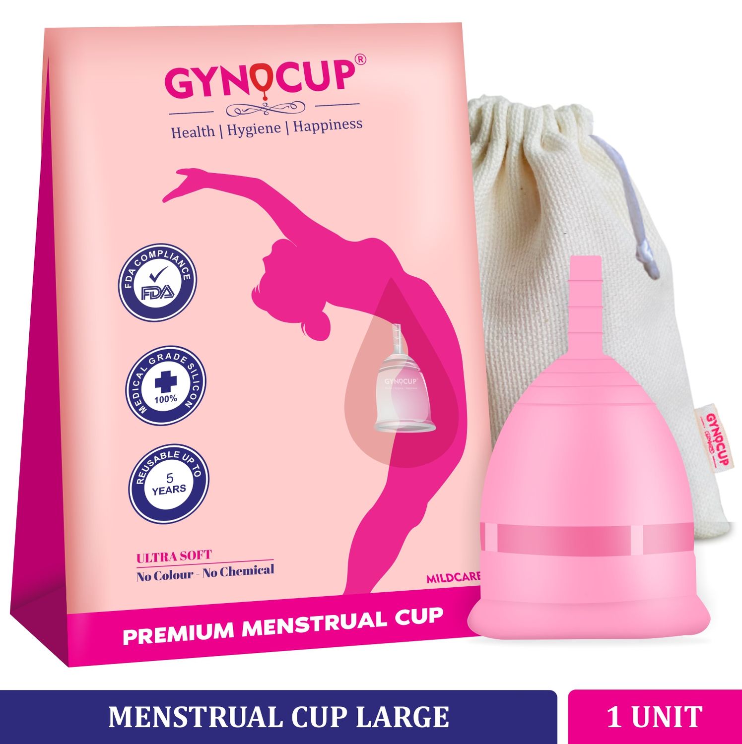 Buy GynoCup Reusable Menstrual Cup for Women| | Medium Size with Pouch | 100% Medical Grade Silicone | Wearable Upto 12 hours | No leakage | Ultra Soft, Odour & Rash free | FDA Approved - Purplle