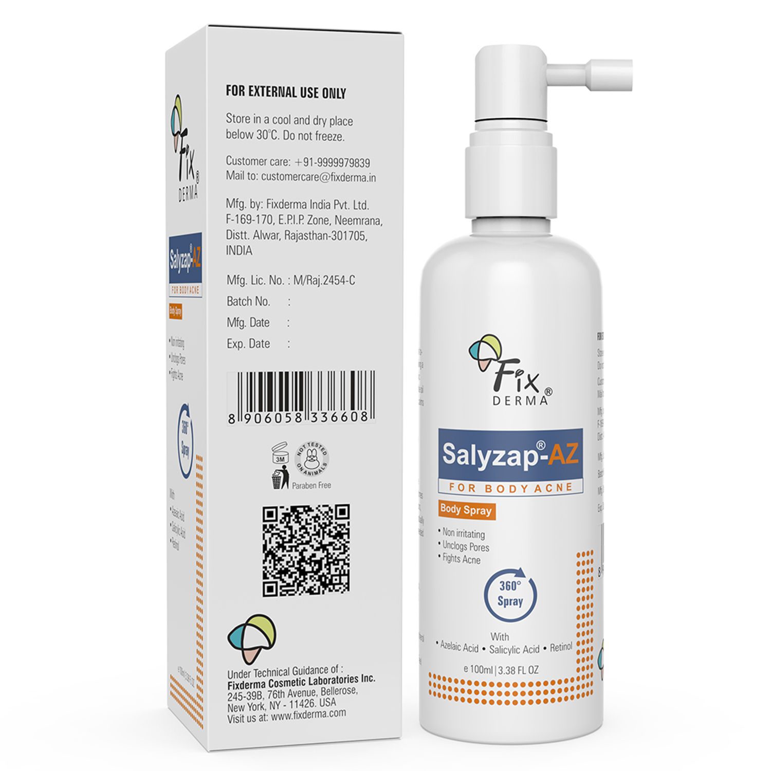 Buy Fixderma Salyzap-AZ For Body Acne Body Spray 360 Spray With Azelaic Acid, Salicylic Acid & Retinol 100ml - Purplle