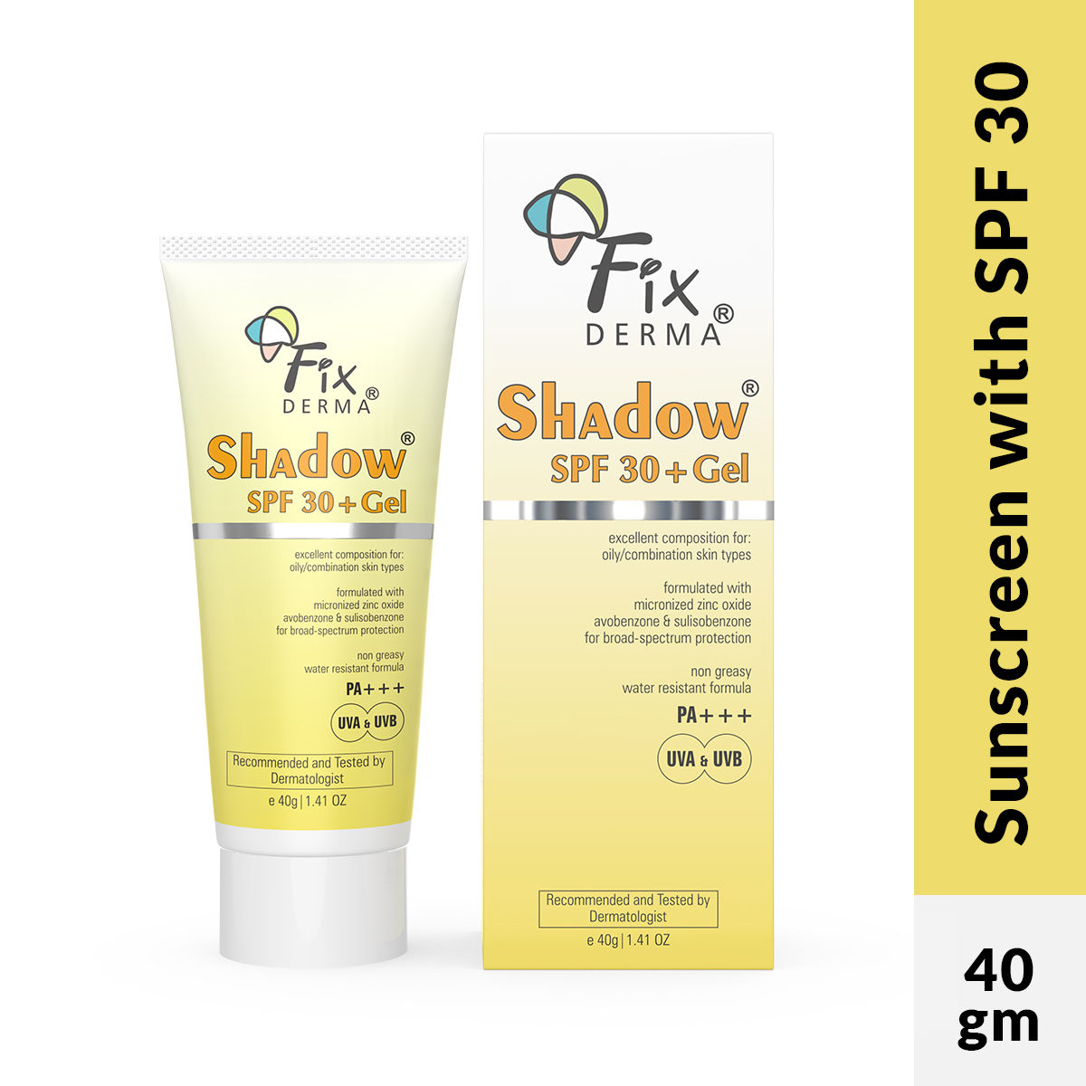 Buy Fixderma Shadow Sunscreen SPF 30+ Gel Sunscreen For Oily Skin, Sun Screen Protector SPF 30 For Body & Face, Broad Spectrum For Uva & Uvb Protection Non Greasy & Water Resistant For Unisex, 40gm - Purplle