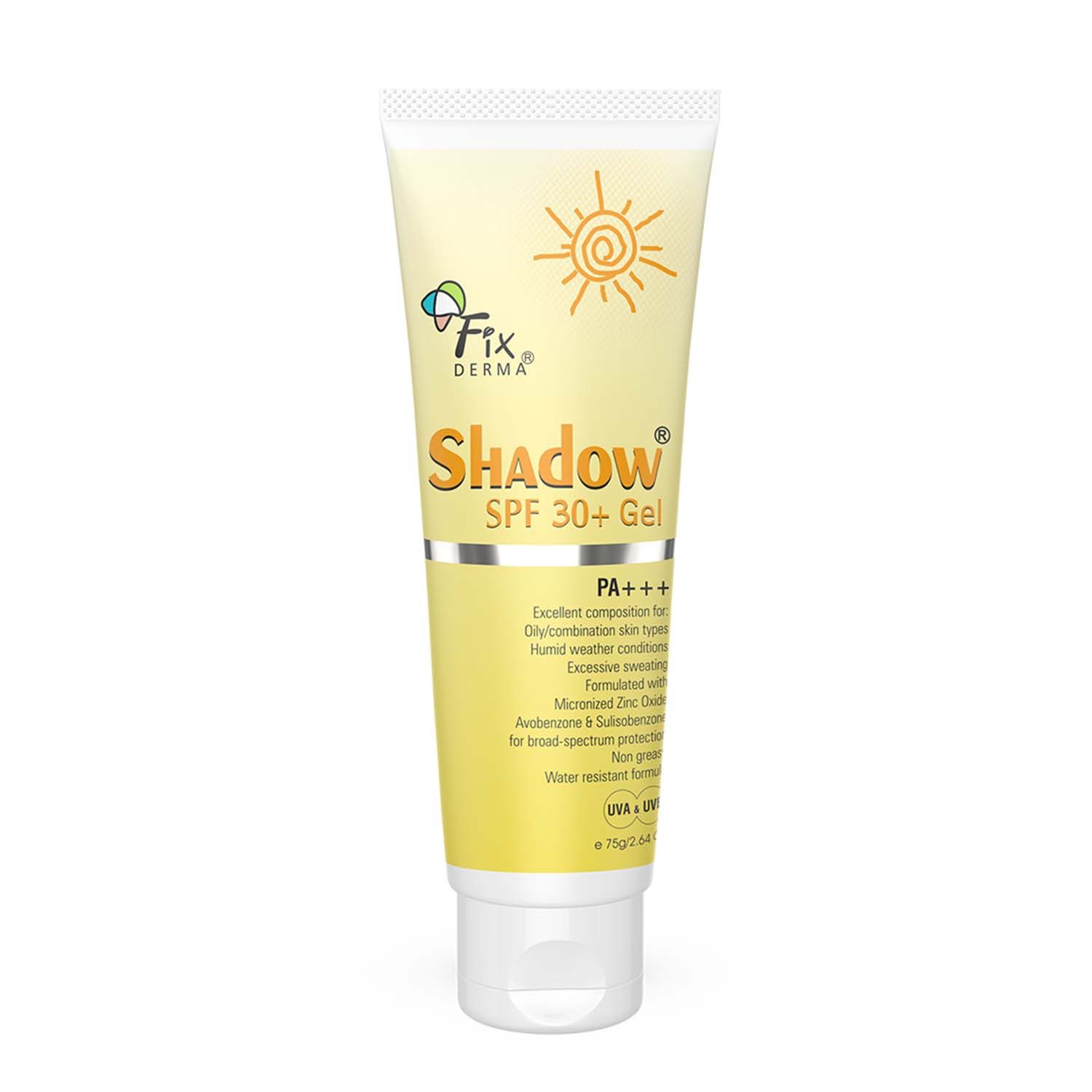 Buy Fixderma Shadow Sunscreen SPF 30+ Gel Sunscreen For Oily Skin, Sun Screen Protector SPF 30 For Body & Face, Broad Spectrum For Uva & Uvb Protection Non Greasy & Water Resistant For Unisex, 75gm - Purplle
