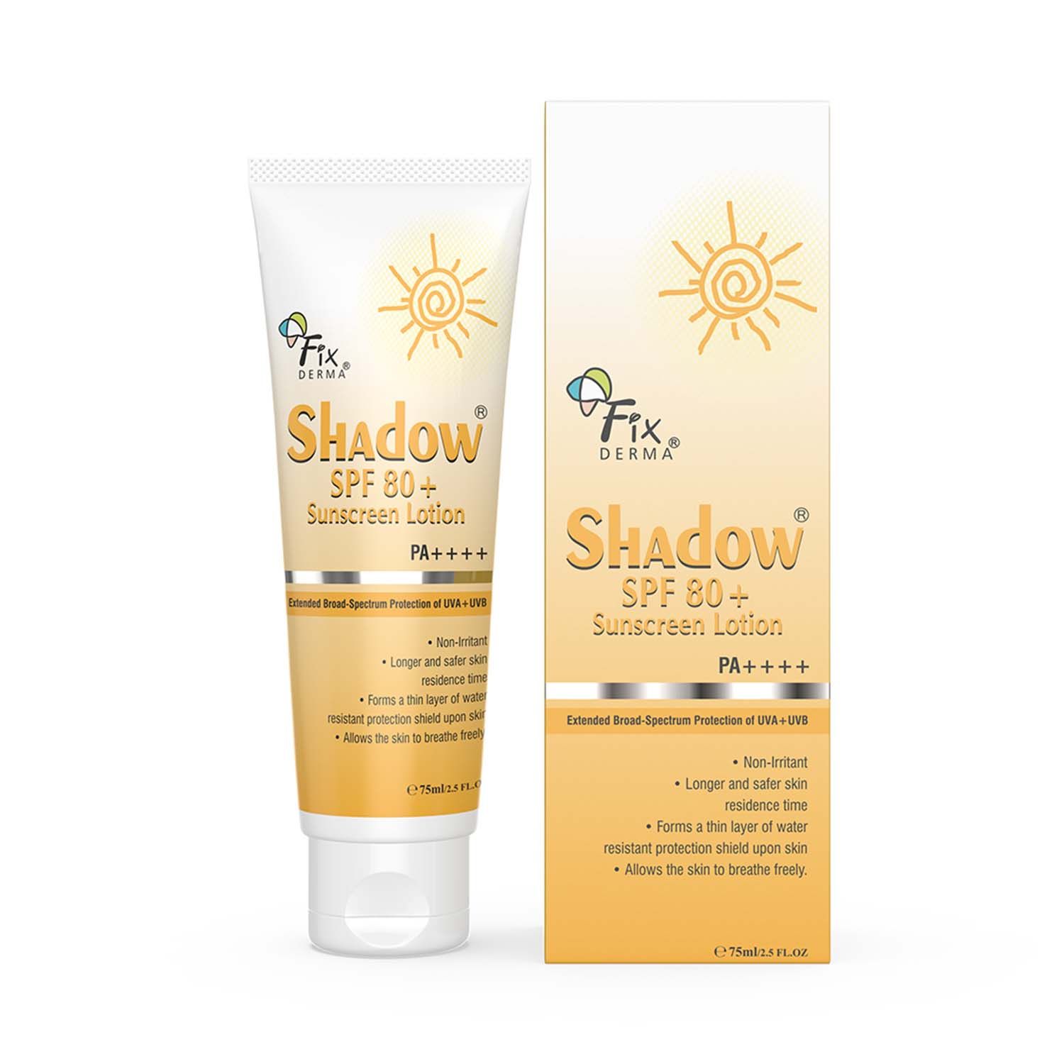 Buy Fixderma Shadow Sunscreen SPF 80+ Lotion,Sunscreen For Oily Skin & Dry Skin,Sun Screen Protector SPF 80,Sunscreen For Body & Face,Broad Spectrum Sunscreen For Uva & Uvb Protection,Sunscreen For Women & Men,Non Greasy & Water Resistant - 75ml - Purplle