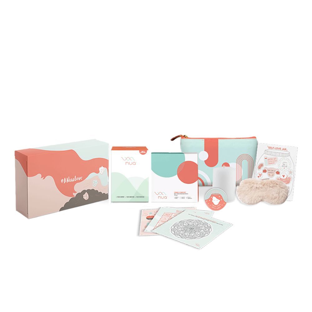 Buy Nua- Pamper Me Value Kit Limited Edition - 12 Sanitary Pads (3 Heavy, 5 Medium, 4 Light) , 3x Cramp Comfort Heat Patches for Period Pain,1x Detoxifying Clay Mask,1 x Mood Balancing Roll-on, 1 Multi purpose pouch - Purplle