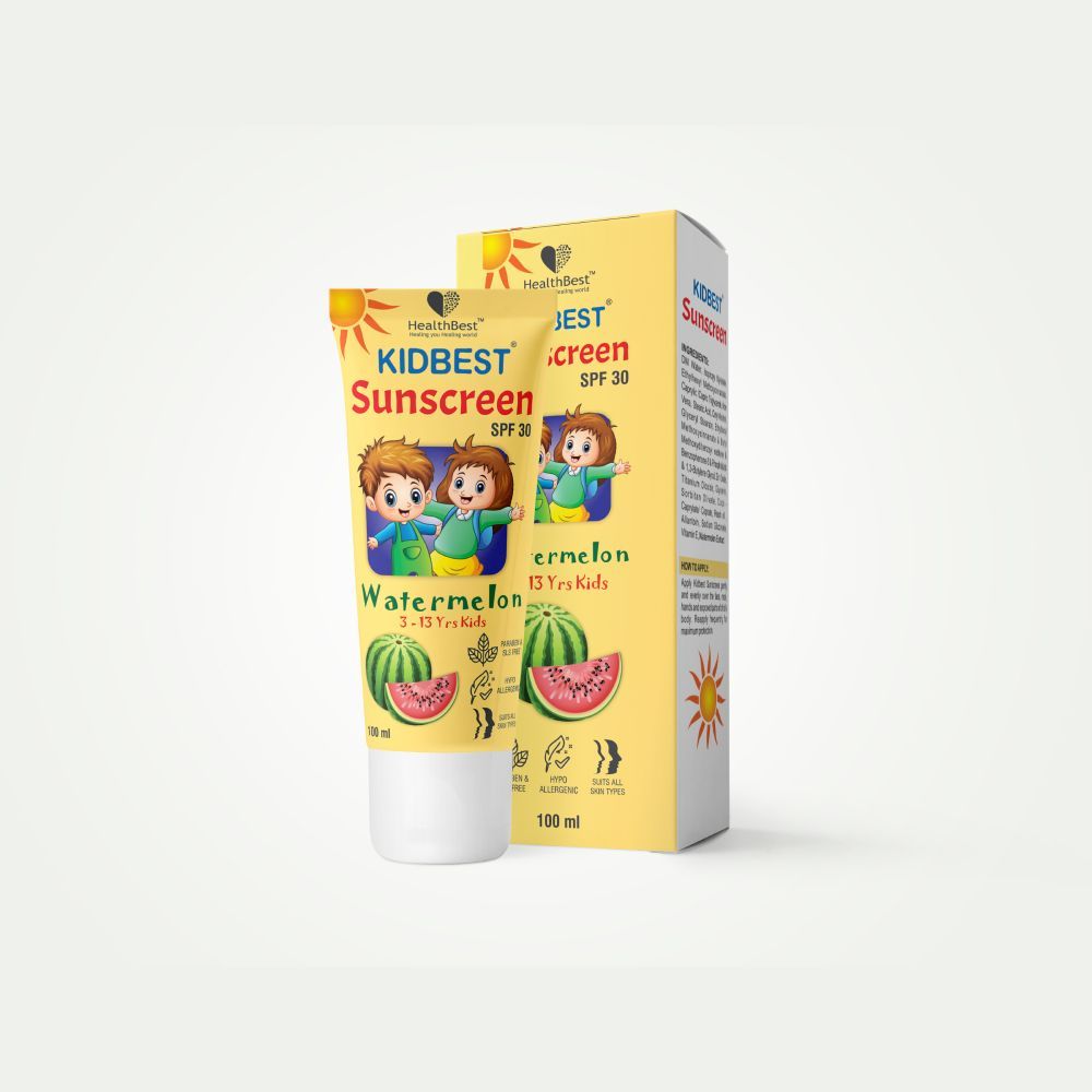 Buy HealthBest Kidbest Sunscreen for Kids | SPF 30 UVA/UVB | Safe for Sensitive Skin & Unscetened | Tear, Paraben, SLS free | Watermelon Flavor | 100ml - Purplle