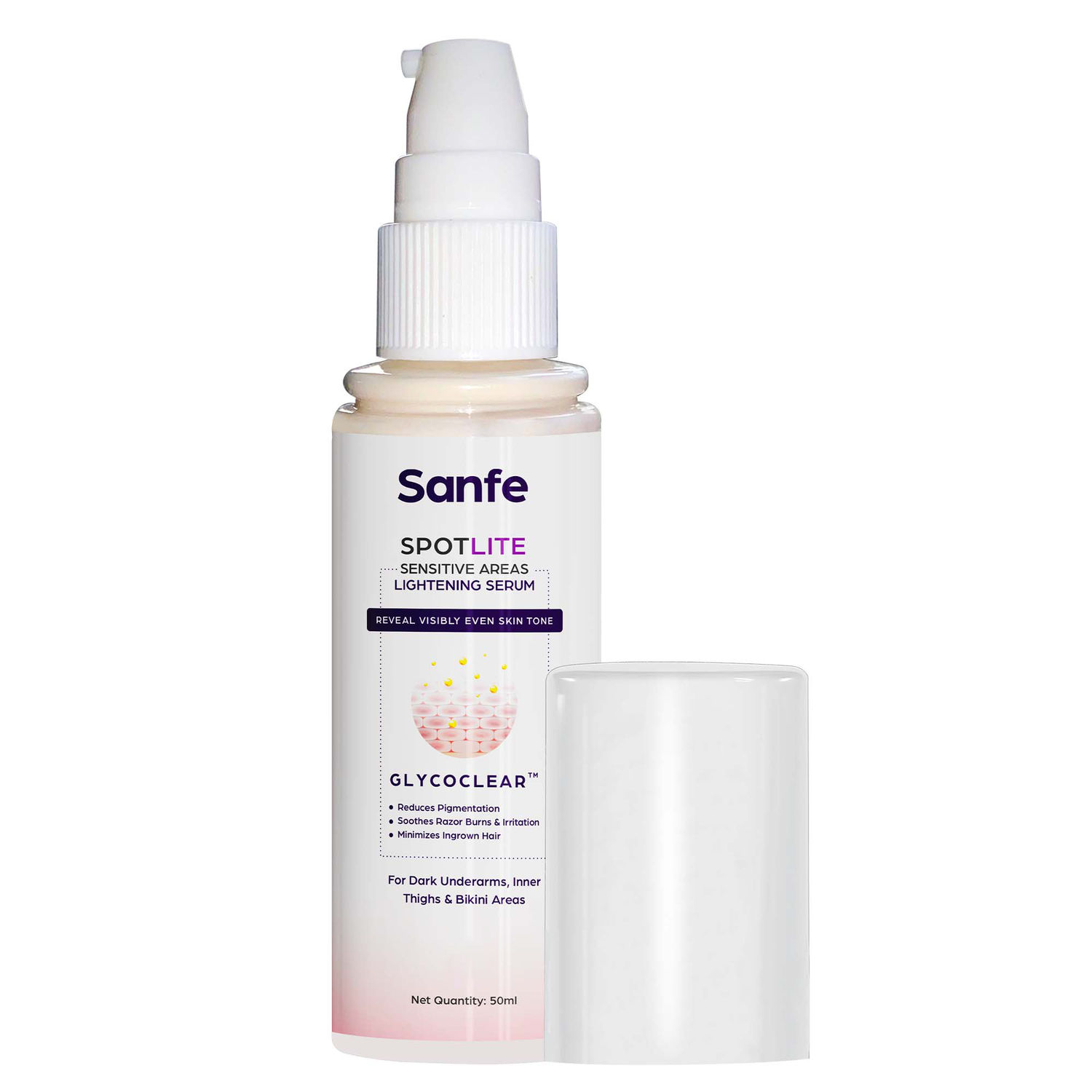 Buy Sanfe Spotlite Sensitive Body Serum for Dark Underarms, Inner Thighs and Sensitive Areas, 10X Powerful, Enriched with Kojic Acid, 4% Niacinnamide Helps in Depigmentation for All Skin Type, 50g - Purplle
