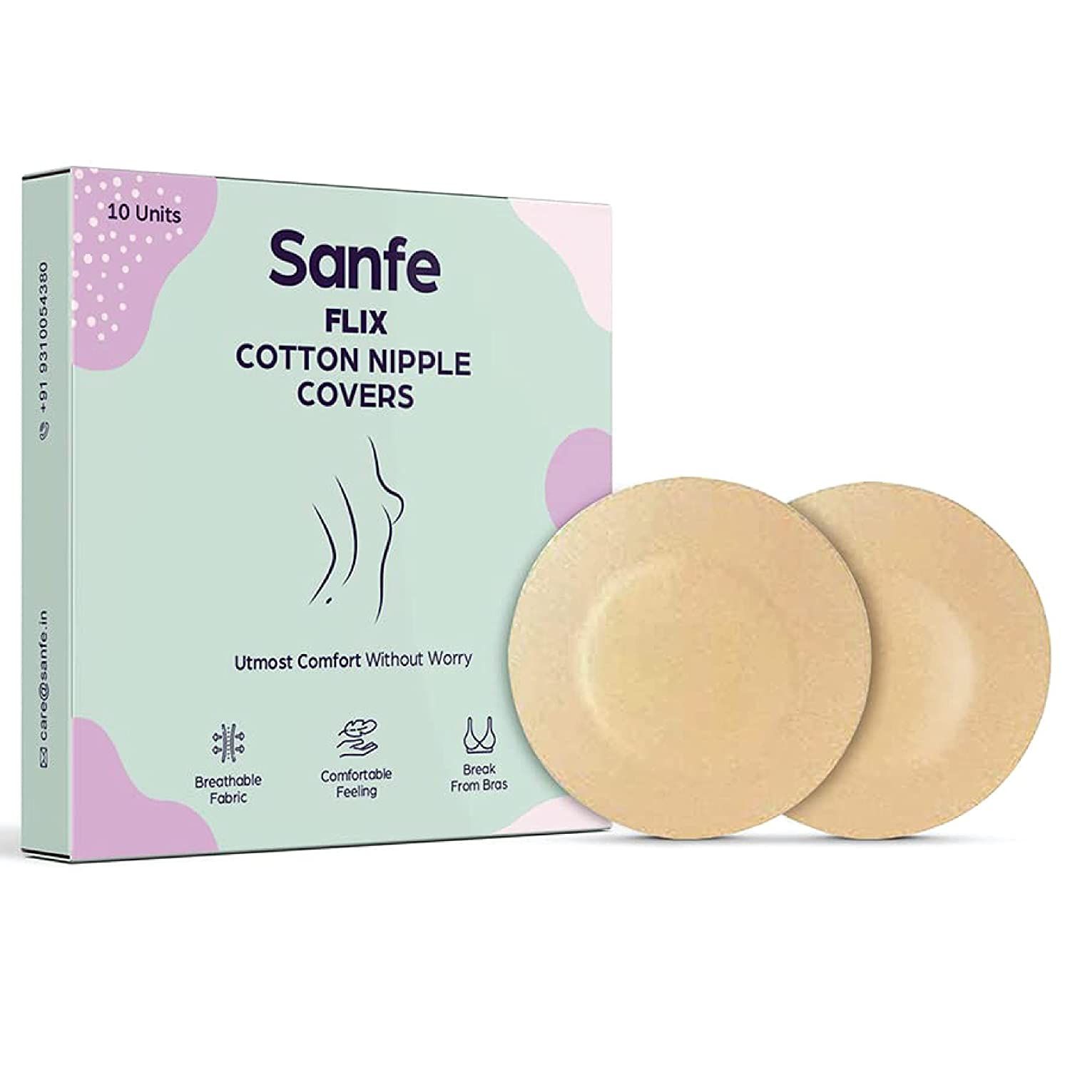 Sanfe Flix Cotton Nipple Covers, 10 Breathable Nipple Pasties, No Show Bra  For Women, Skin Friendly Adhesive, disposable