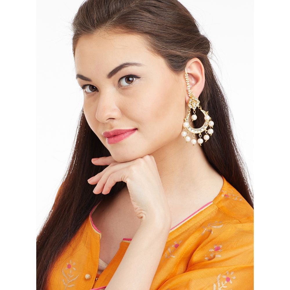 Buy Bamboo Tree Jewels White Beads Pearl Kundan Gold Chandbali Earrings - Purplle