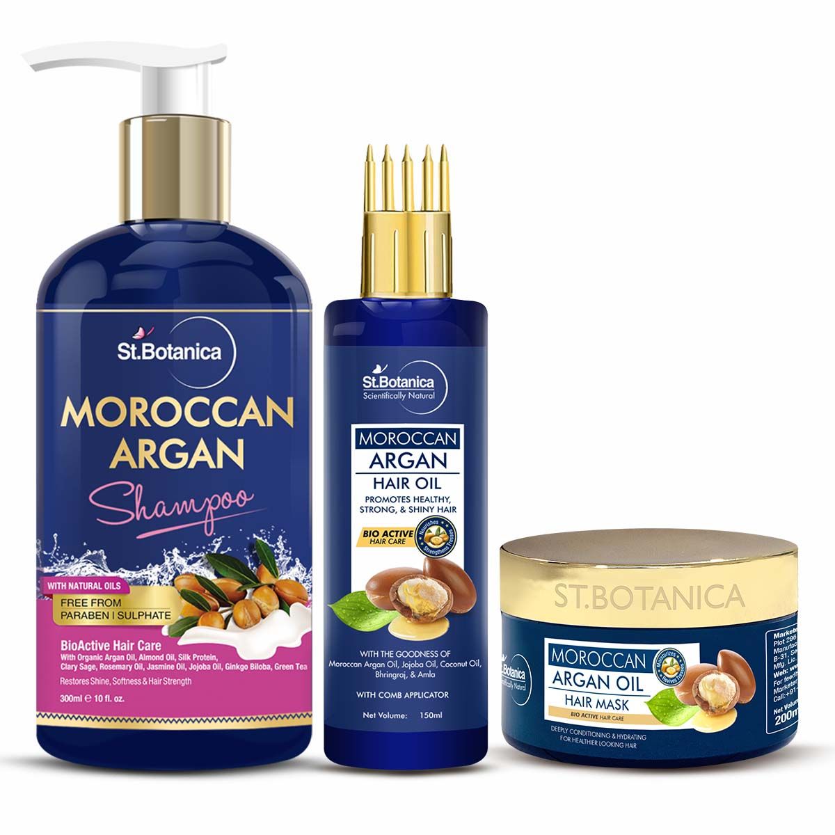 Buy StBotanica Moroccan Argan Shampoo 300ml + Hair Mask 200ml + Argan Hair Oil With Comb Applicator 150ml - Purplle