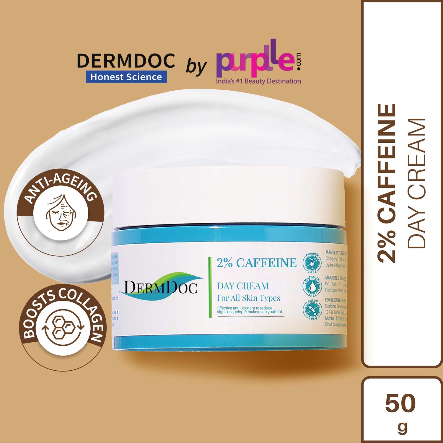 Buy DERMDOC by Purplle 2% Caffeine Day Cream (50g) | anti aging moisturizer | moisturizer for dry skin | caffeine for face | dull, tired skin | boosts collagen - Purplle