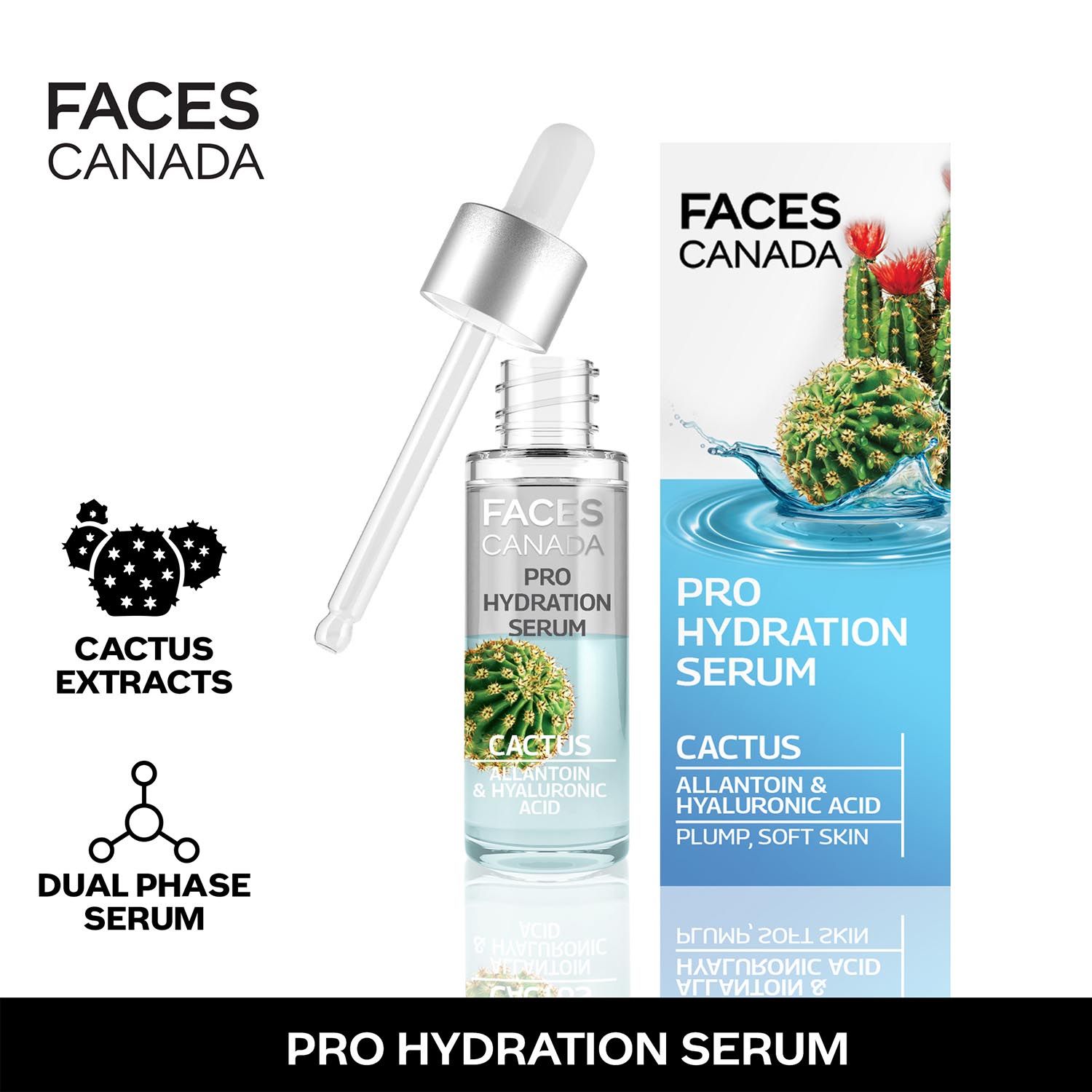 Buy FACES CANADA Pro Hydration Serum, 27ml | Cactus, Allantoin & Hyaluronic Acid | Biphasic Face Serum | Hydrates, Soothes, Moisturizes For Younger-Looking, Smooth & Plump Skin - Purplle