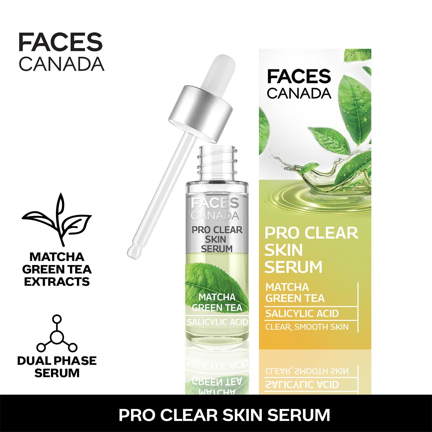 Buy FACES CANADA Pro Clear Skin Serum, 27 ml | Matcha Green Tea & Salicylic Acid | Biphasic Face Serum | Nourishes & Soothes For Clear, Radiant & Acne-Free Skin | Helps Reduce Redness & Unclogs Pores - Purplle