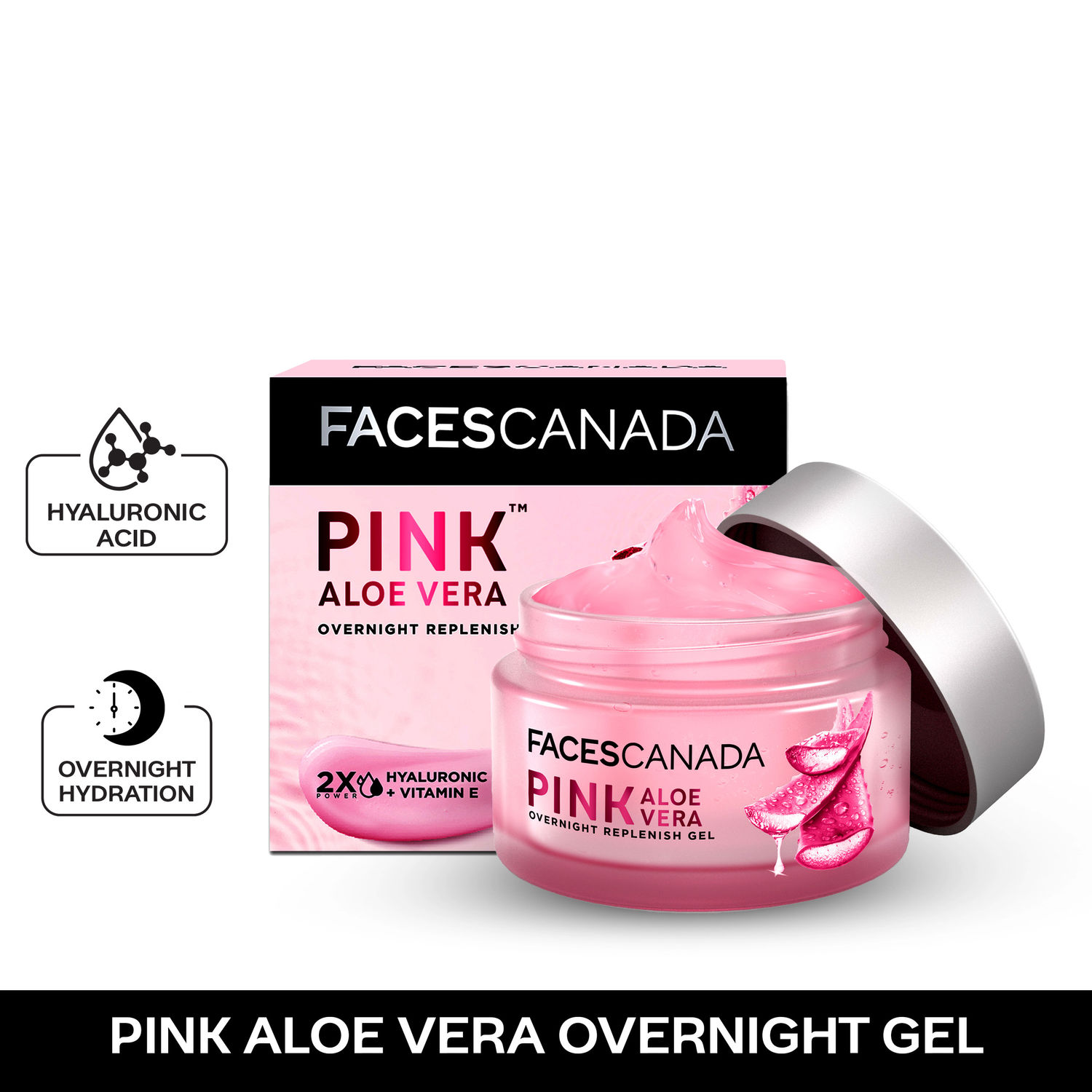 Buy FACES CANADA Pink Aloe Vera Overnight Replenish Gel, 50g | Hyaluronic Acid & Vitamin E | Intense Hydration | Lightweight, Non Sticky & Absorbs Easily | Anti-Ageing, Nourishing & Skin Tightening - Purplle