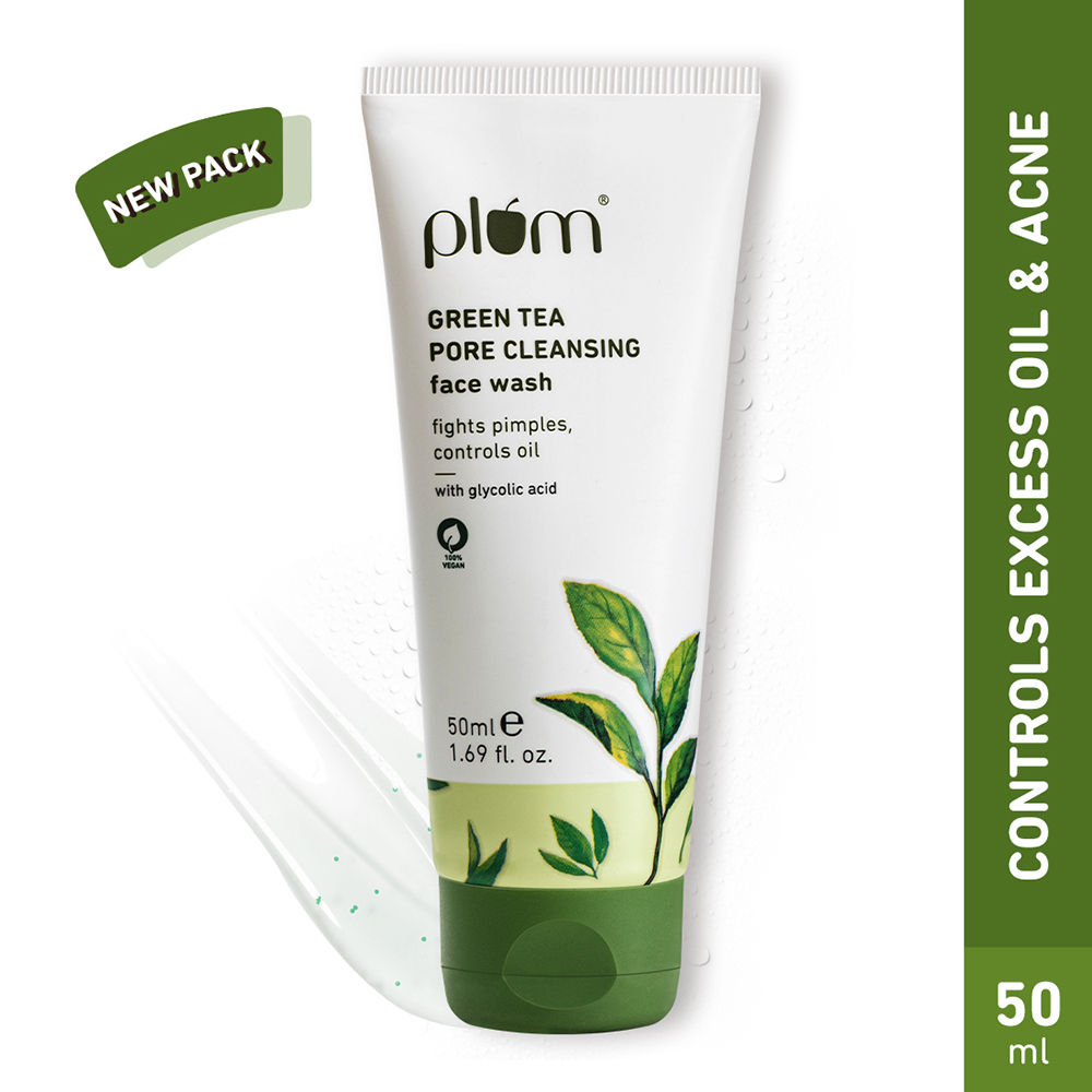 Buy Plum Green Tea Pore Cleansing Face Wash | Fights Pimples & Removes Excess Oil |Green Tea & Glycolic Acid | Best Suits Oily, Acne-Prone, Combination Skin | 100% Vegan | 50 ml - Purplle