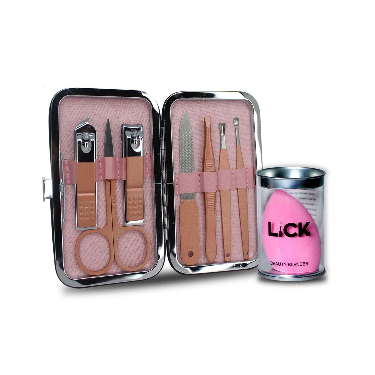 Buy Lick Combo Set of 7 in 1 Rose Gold Manicure Pedicure Kit & 1 Pink Beauty Blender - Purplle