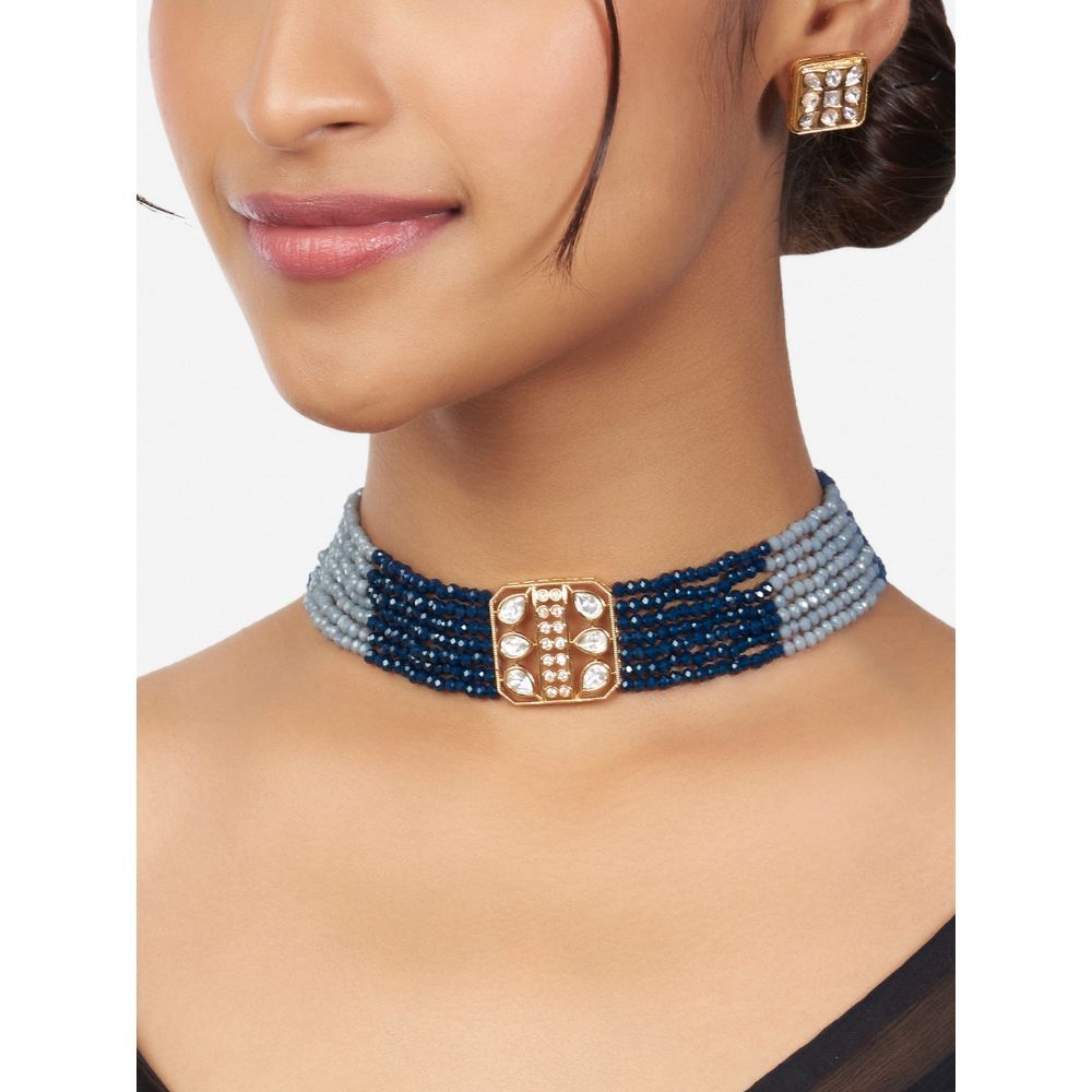 Joules by Radhika Gold Finish Blue Grey Kundan Polki Choker Necklace Earrings Set