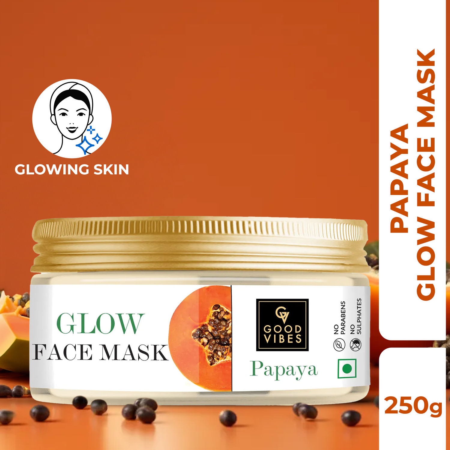 Buy Good Vibes Papaya Glow Face Mask | Brightening, Lightens Scars | With Basil | No Parabens, No Sulphates, No Mineral Oil, No Animal Testing (250 g) - Purplle