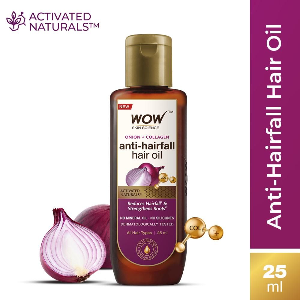 Buy WOW Skin Science Onion & Collagen Anti-Hairfall Hair Oil | Nourishes Scalp & Stimulates Roots | Reduces Hairfall | Reduces Breakage | Repairs Damaged Hair | Minimizes Split Ends | Boosts Hair Thickness- 25 ml - Purplle