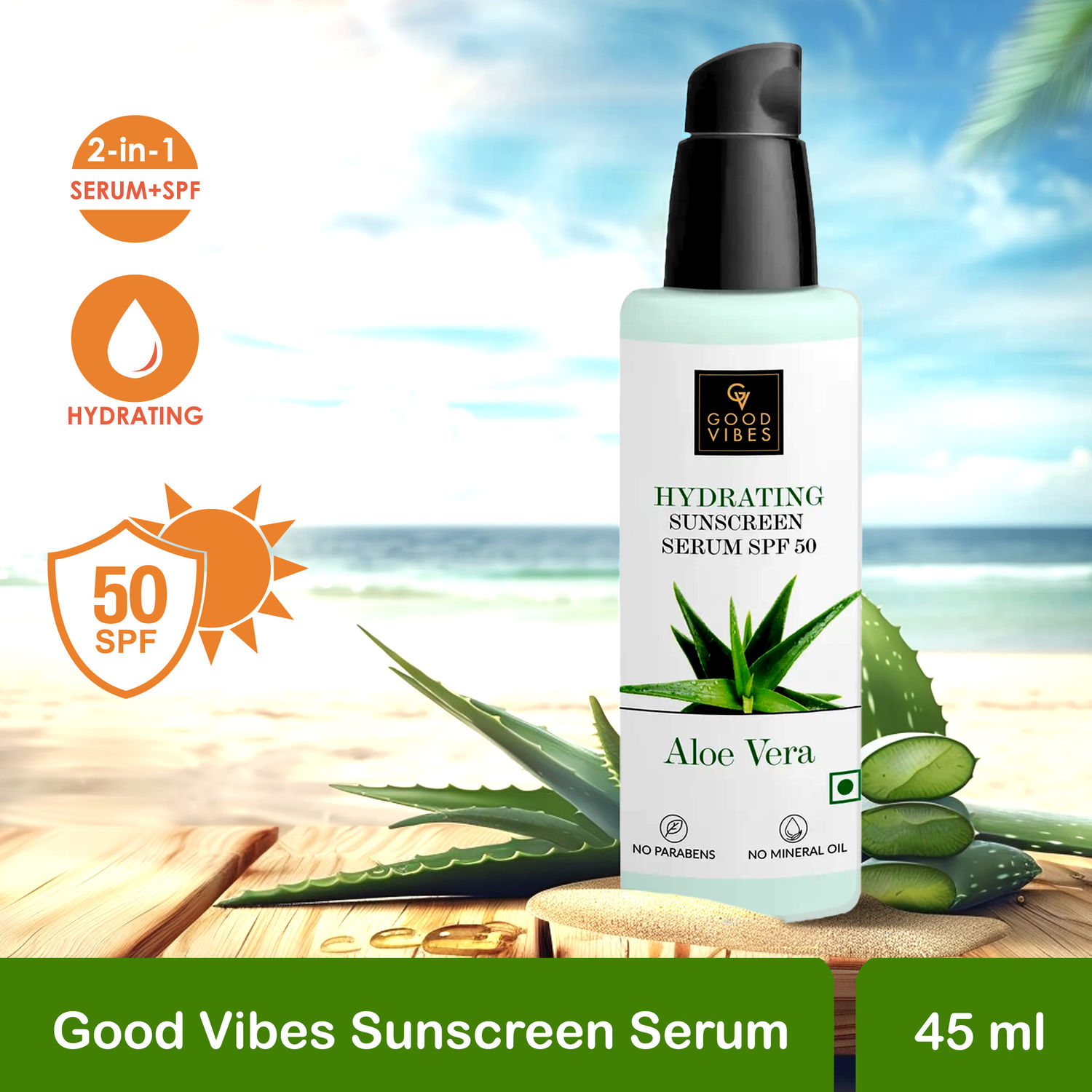Buy Good Vibes Aloe Vera Hydrating Sunscreen Serum SPF50 (45 ml) - Purplle