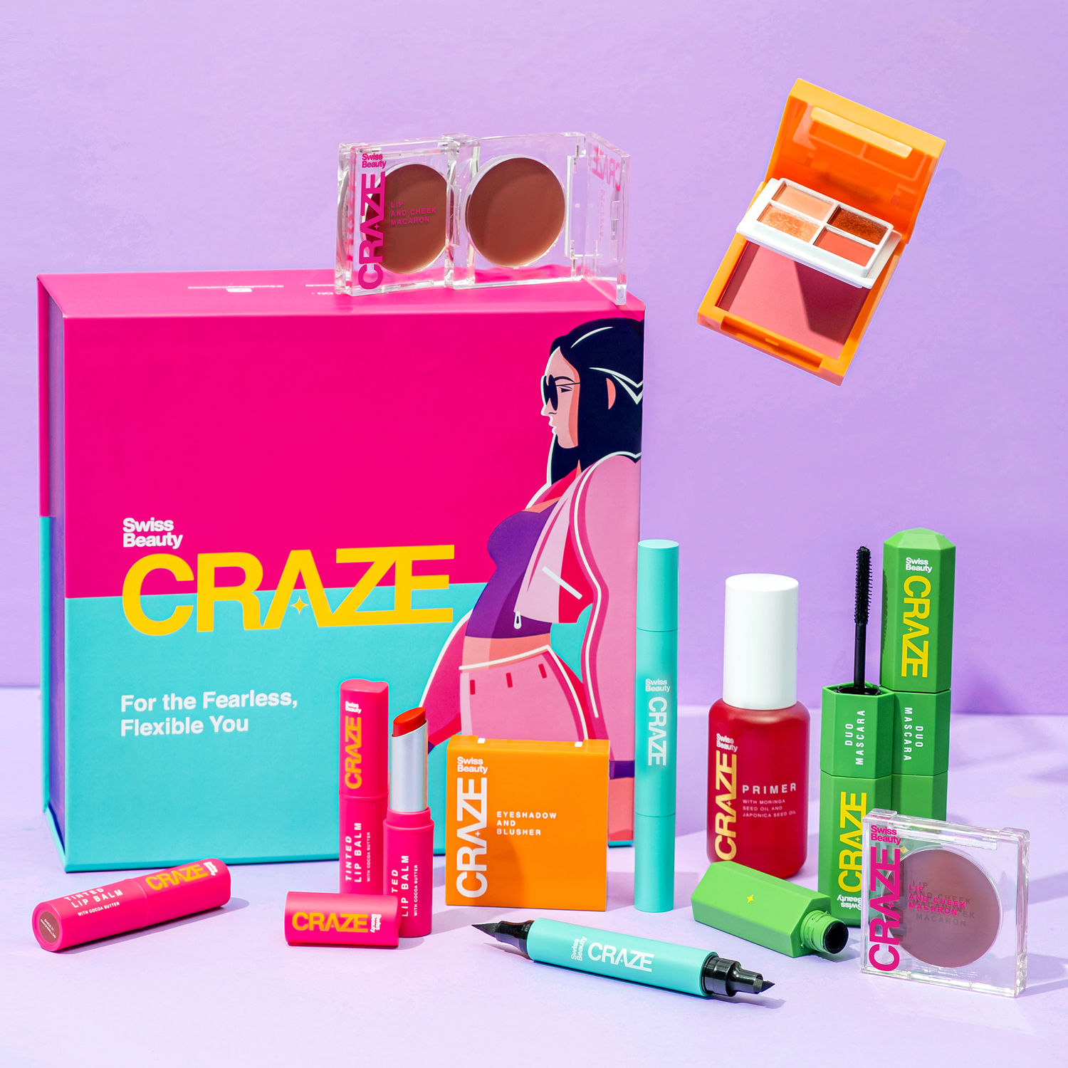 Buy Swiss Beauty Craze All Day Makeup Kit - Lip Balm (Coral Pink) | Eyeshadow (Sweet Sunset) | Lip & Cheek Tint (Apple Pie)|Mascara(20 gm)|Eyeliner(2.8 gm)|Primer (27gm) - Purplle