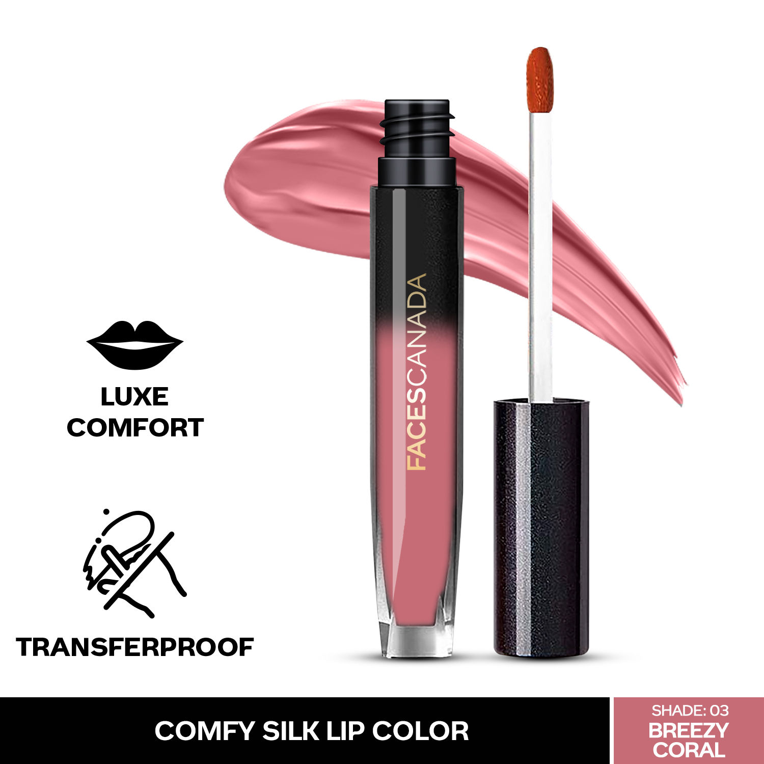 Buy FACES CANADA Comfy Silk Liquid Lipstick - Breezy Coral 03, 3ml | Satin Matte HD Finish | Luxe Comfort | Longlasting | No Dryness | Smooth Texture | Mulberry Oil & Shea Butter For Plump Hydrated Lips - Purplle