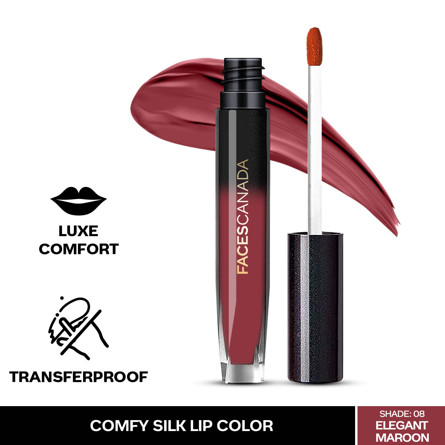 Buy FACES CANADA Comfy Silk Liquid Lipstick - Elegant Maroon 08, 3ml | Satin Matte HD Finish | Luxe Comfort | Longlasting | No Dryness | Smooth Texture | Mulberry Oil & Shea Butter For Plump Hydrated Lips - Purplle