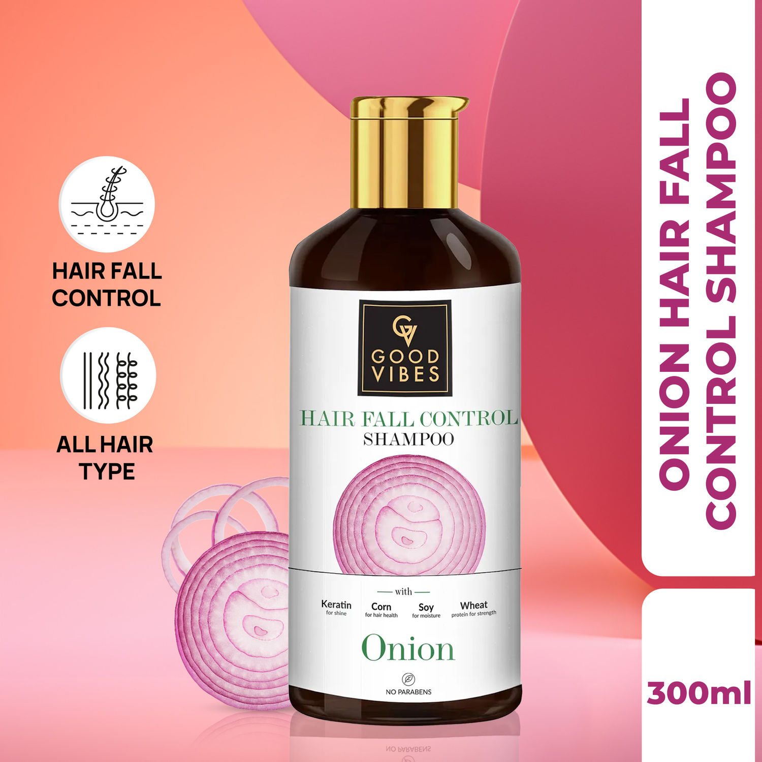 Buy Good Vibes Onion Hairfall Control Shampoo with Keratin, Corn, Wheat Protein & Soy | Strengthening | No Parabens, No Animal Testing (300 ml) - Purplle