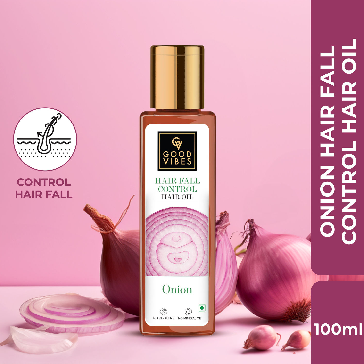 Buy Good Vibes Onion Hairfall Control Oil | Strengthening | Hair Growth | No Parabens, No Sulphates, No Mineral Oil, No Animal Testing (100 ml) - Purplle