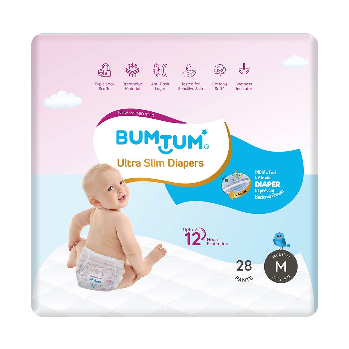 Bumtum Ultra Slim Baby Diaper Pants with Leakage Protection -7 to 12 Kg  (Medium, 28 Count, Pack of 1)