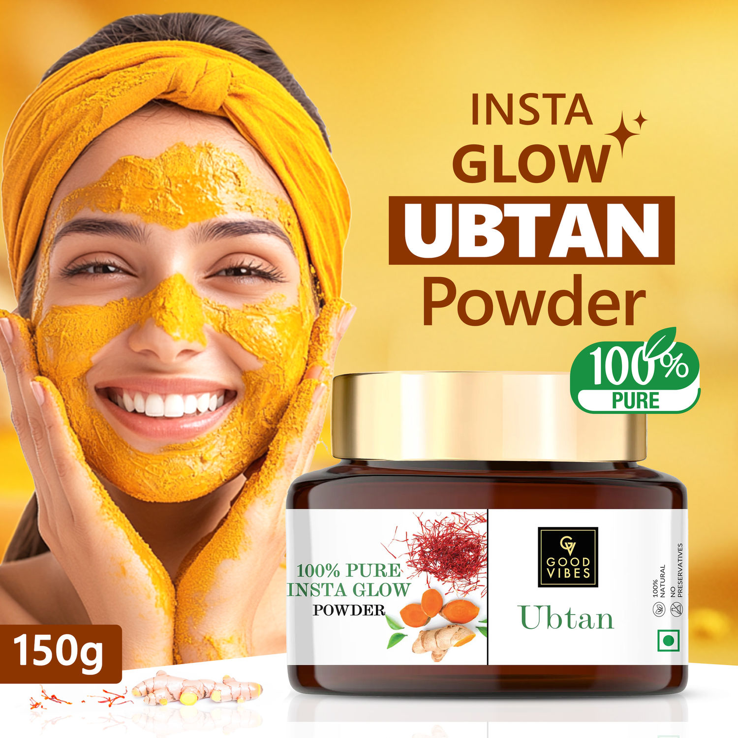 Buy Good Vibes Ubtan Insta Glow Powder | 100% Natural, No Preservatives, No Pesticides, No Parabens, No Silicones, No Sulphates, No Animal Testing (150 g) - Purplle