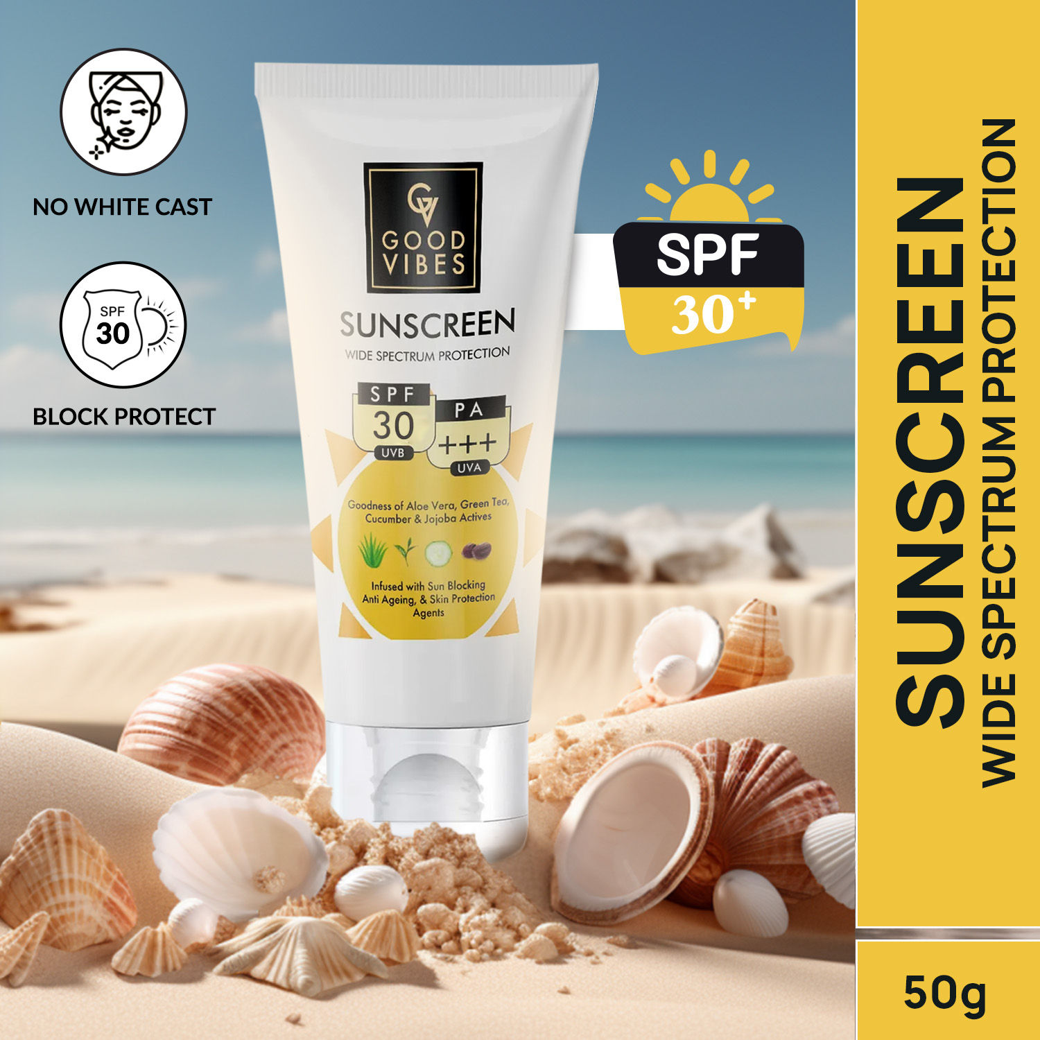 Buy Good Vibes Wide Spectrum Protection Sunscreen with SPF 30 | Non-Greasy, Anti-Ageing | With Aloe Vera | No Parabens, No Animal Testing (50 g) - Purplle