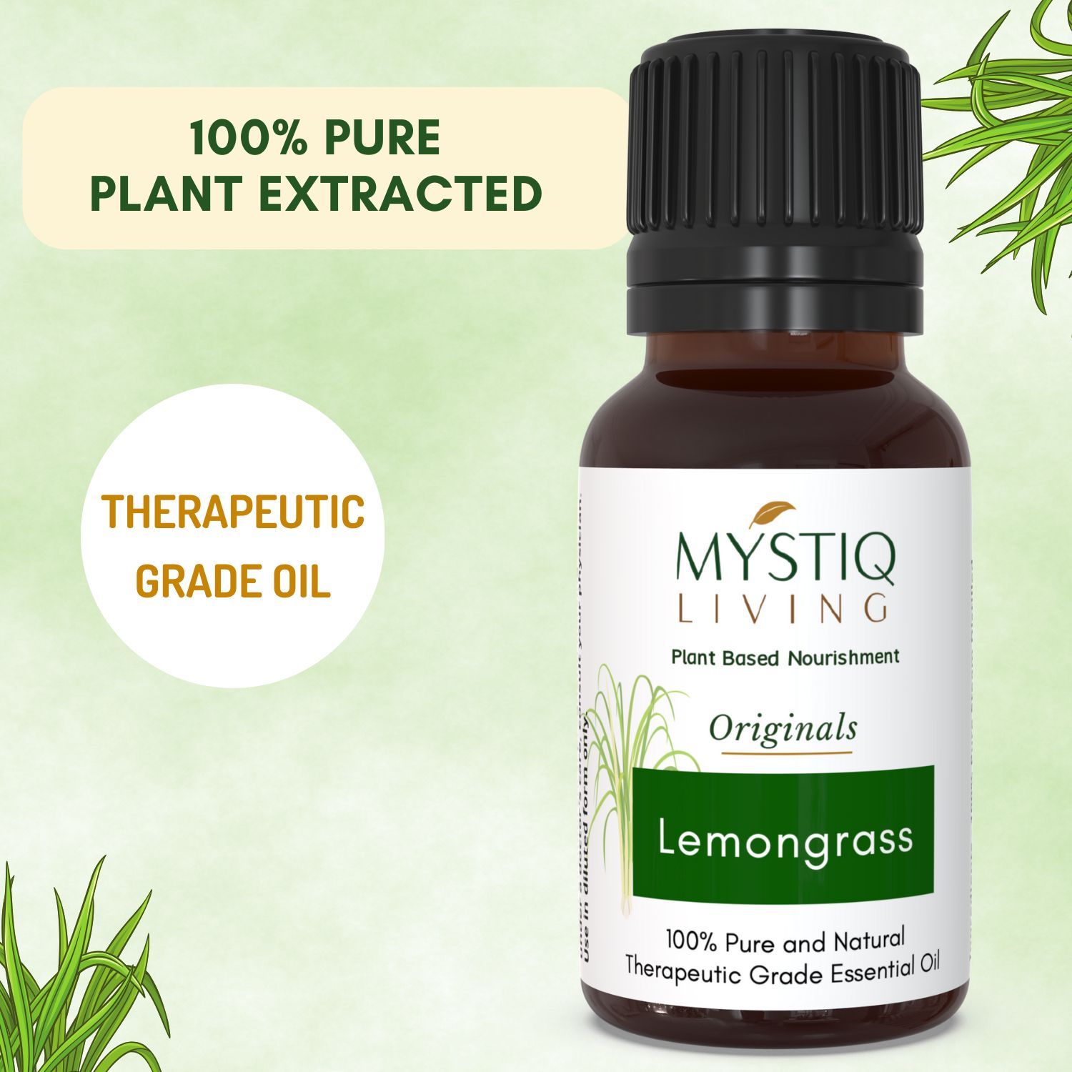 Buy Mystiq Living Originals - Lemongrass Essential Oil 100% Pure, Natural, Undiluted & Therapeutic Grade for Face, Nails, Hair, Skin, Natural Mosquito Repellent- 15ml - Purplle