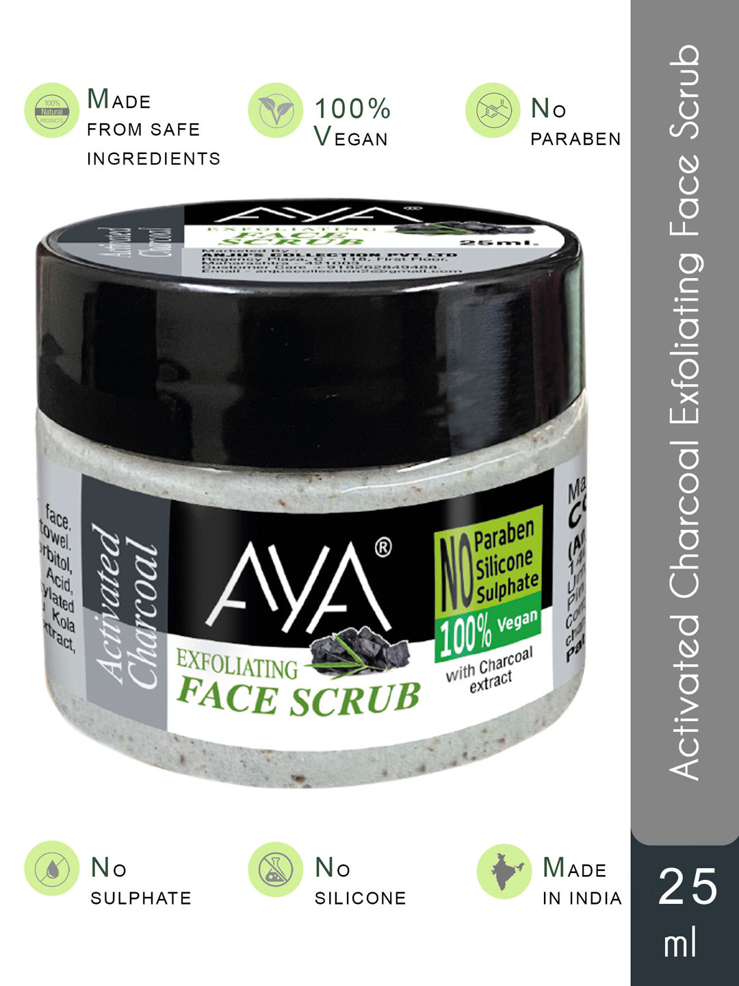 Buy AYA Activated Charcoal Exfoliating Face Scrub, 25 ml | No Paraben, No Silicone, No Sulphate, 100% Vegan - Purplle