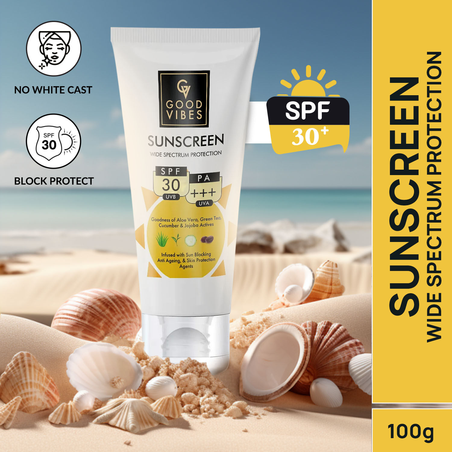 Buy Good Vibes Wide Spectrum Protection Sunscreen with SPF 30 | Non-Greasy, Anti-Ageing | With Aloe Vera | No Parabens, No Animal Testing (100 g) - Purplle