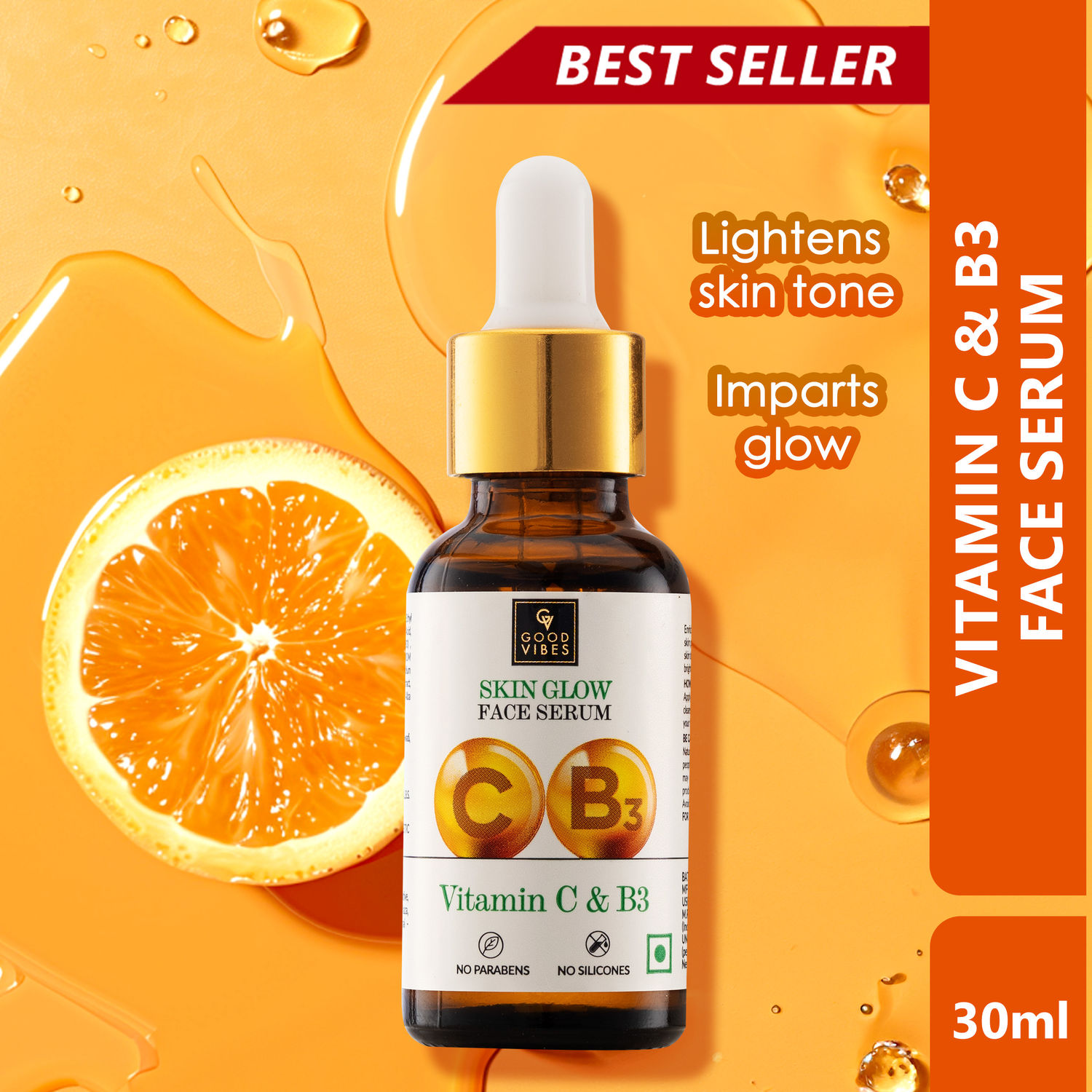 Buy Good Vibes Vitamin C & B3 Skin Glow Face Serum | Brightening, Anti-Ageing | With Orange | No Parabens, No Sulphates, No Animal Testing (30 ml) - Purplle