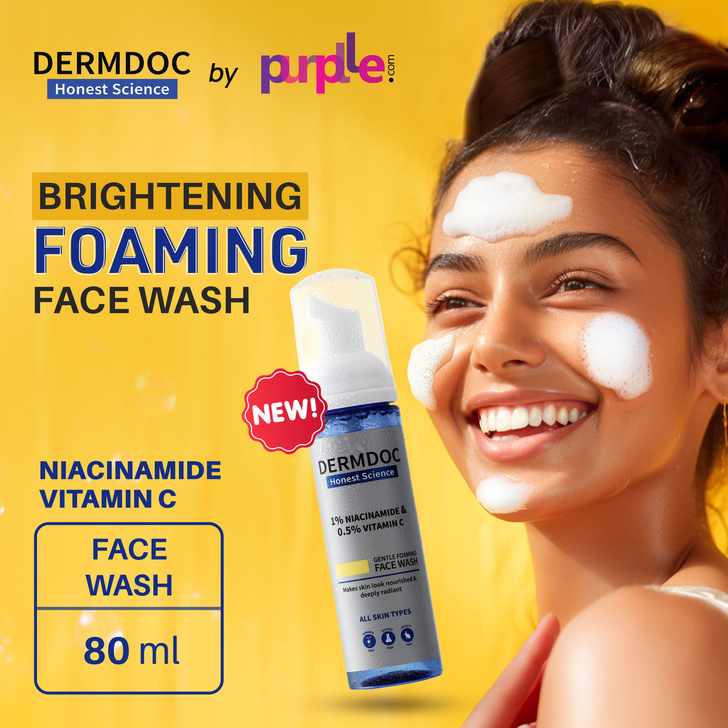 Buy DERMDOC by Purplle 1% Niacinamide & 0.5% Vitamin C Gentle Foaming Face Wash (80 ml) | best face wash for clear & glowing skin | brightening face wash | foaming cleanser - Purplle