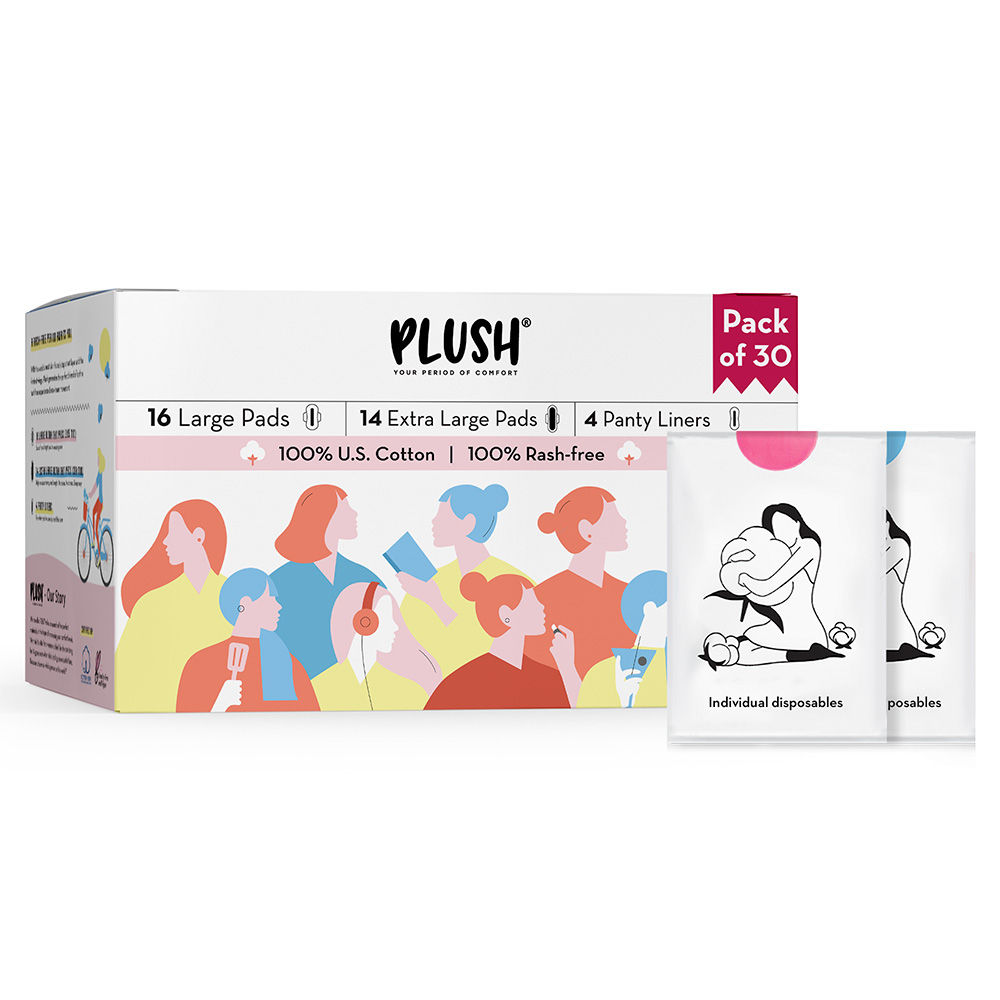 Buy Plush 100% Pure US Cotton Ultra-Thin Rash Free Natural Sanitary Pads - 30 Pads each with Disposable Pouches - Purplle