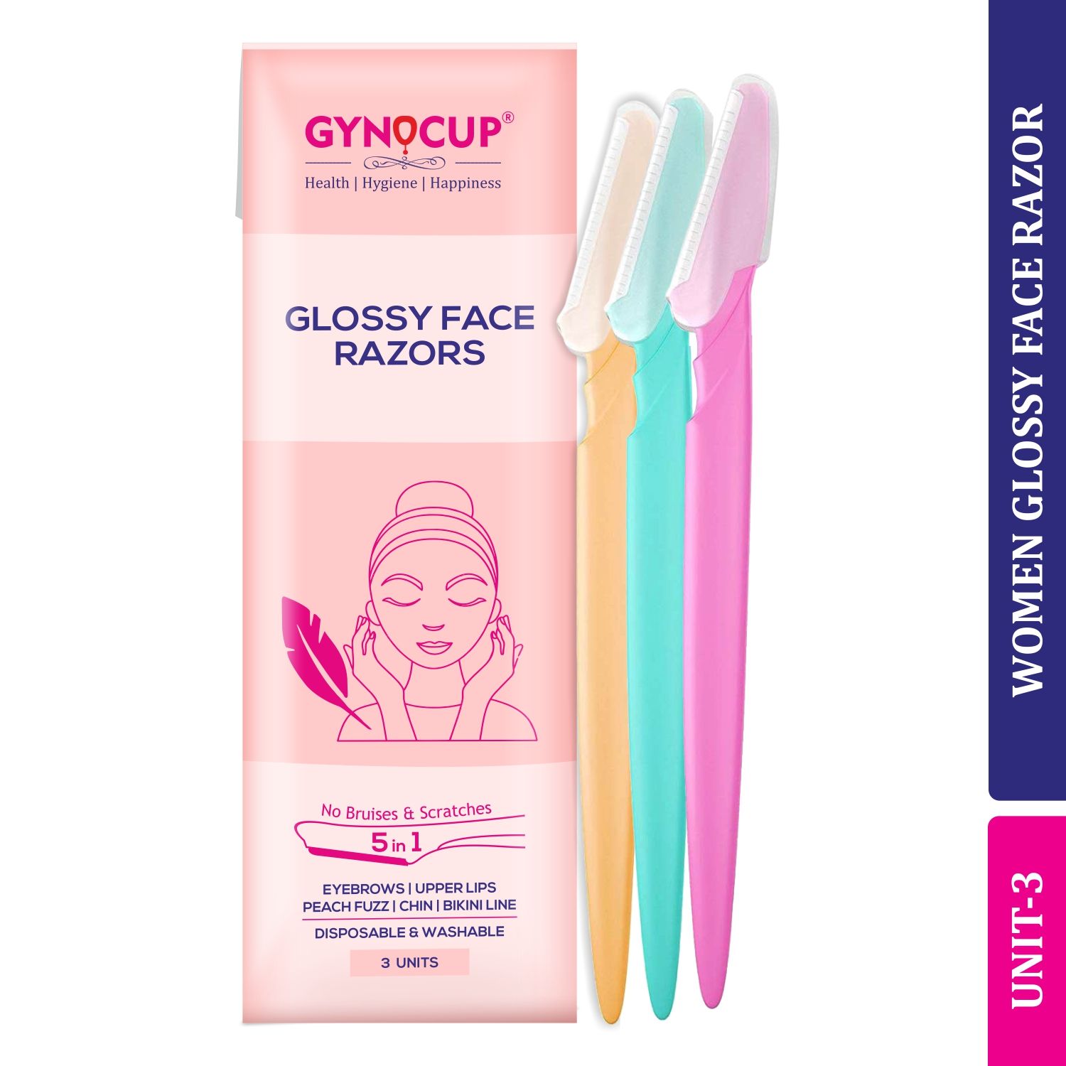 Buy GynoCup Glossy Face Razor for Women | Painless Facial Hair Removal | Easy to Use (Pack of 3) - Purplle