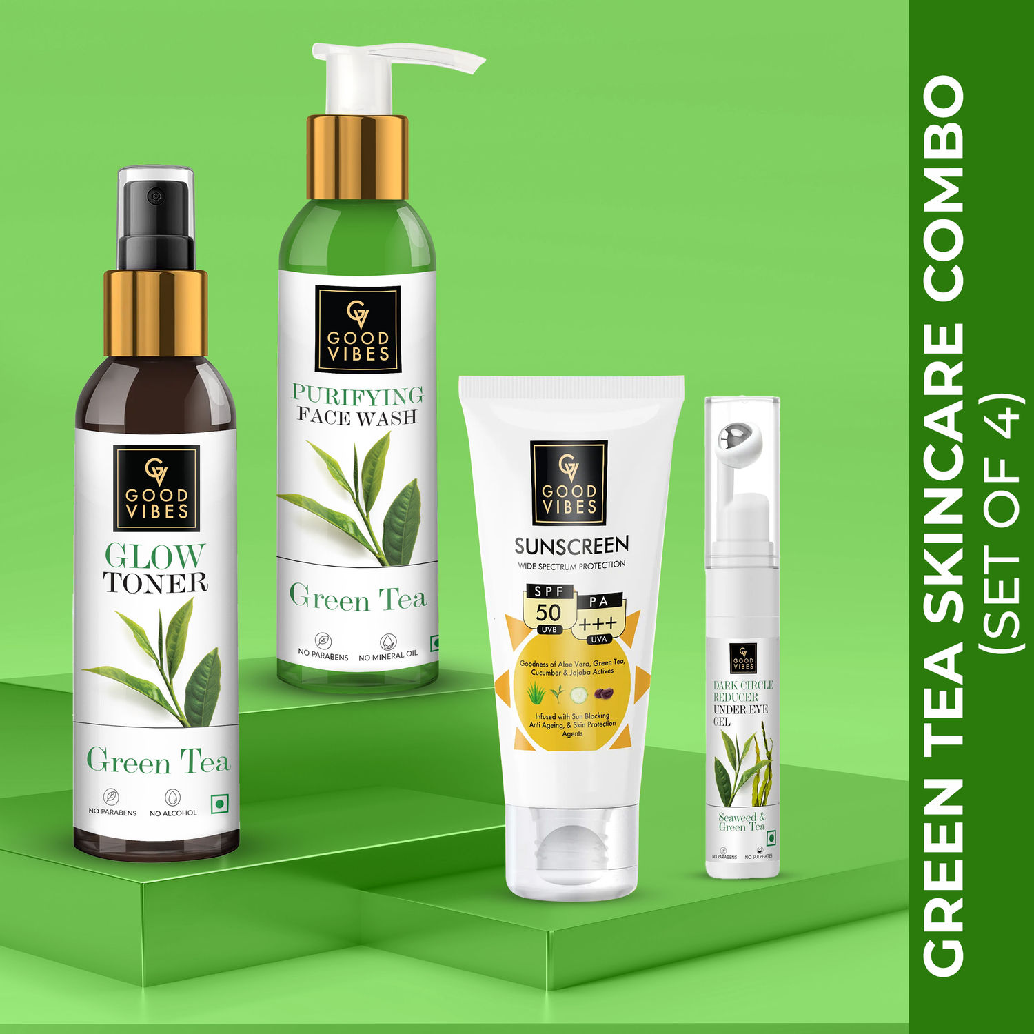 Buy Good Vibes Skin Purifying Green Tea Combo (Facewash, Toner, Under eye gel, Sunscreen) - Purplle