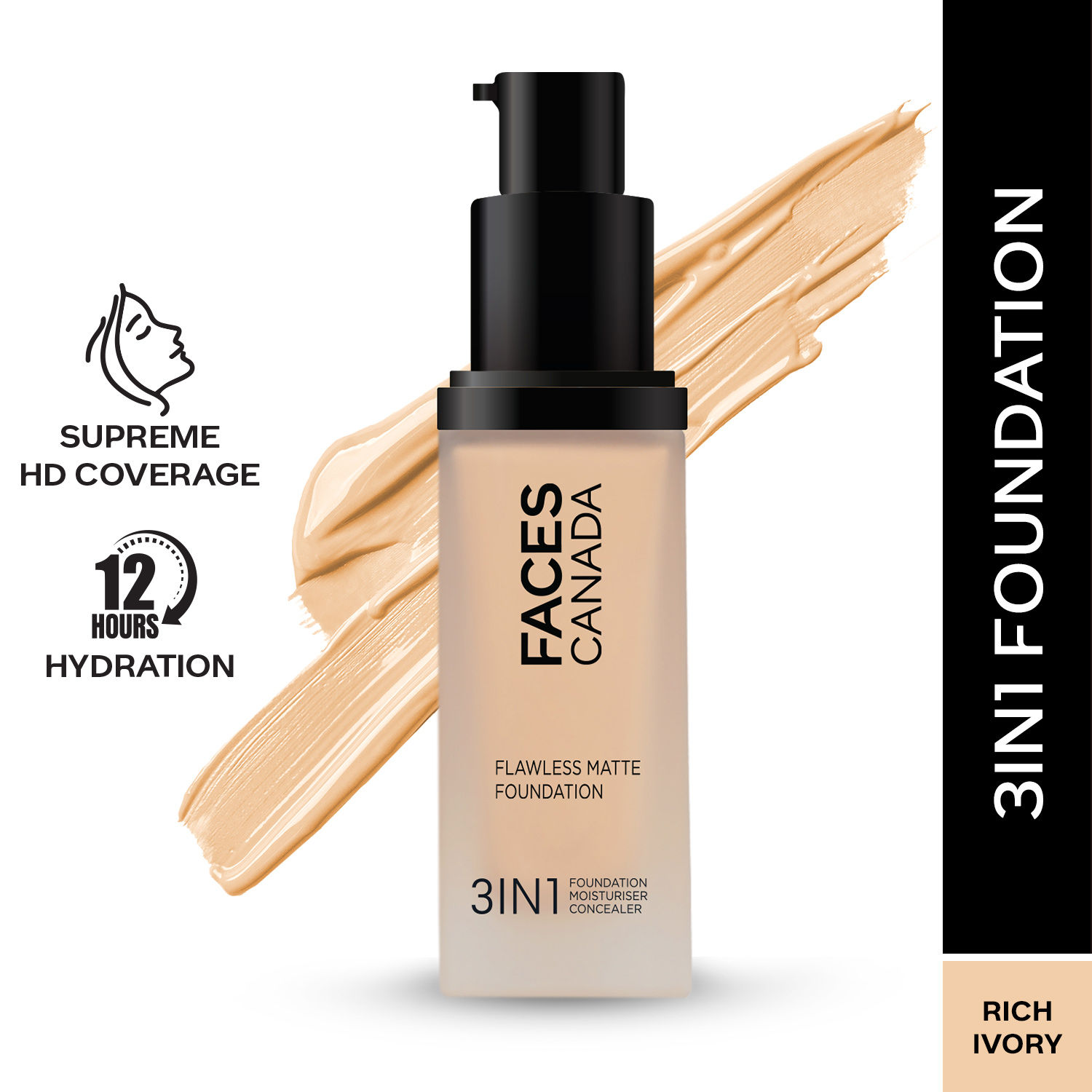 Buy FACES CANADA Flawless Matte Foundation - Rich Ivory 013, 30 ml | 3-in-1 Foundation + Moisturizer + Concealer | 12 HR Hydration + SPF 18 | Full HD Matte Coverage | Lightweight | Anti Ageing - Purplle