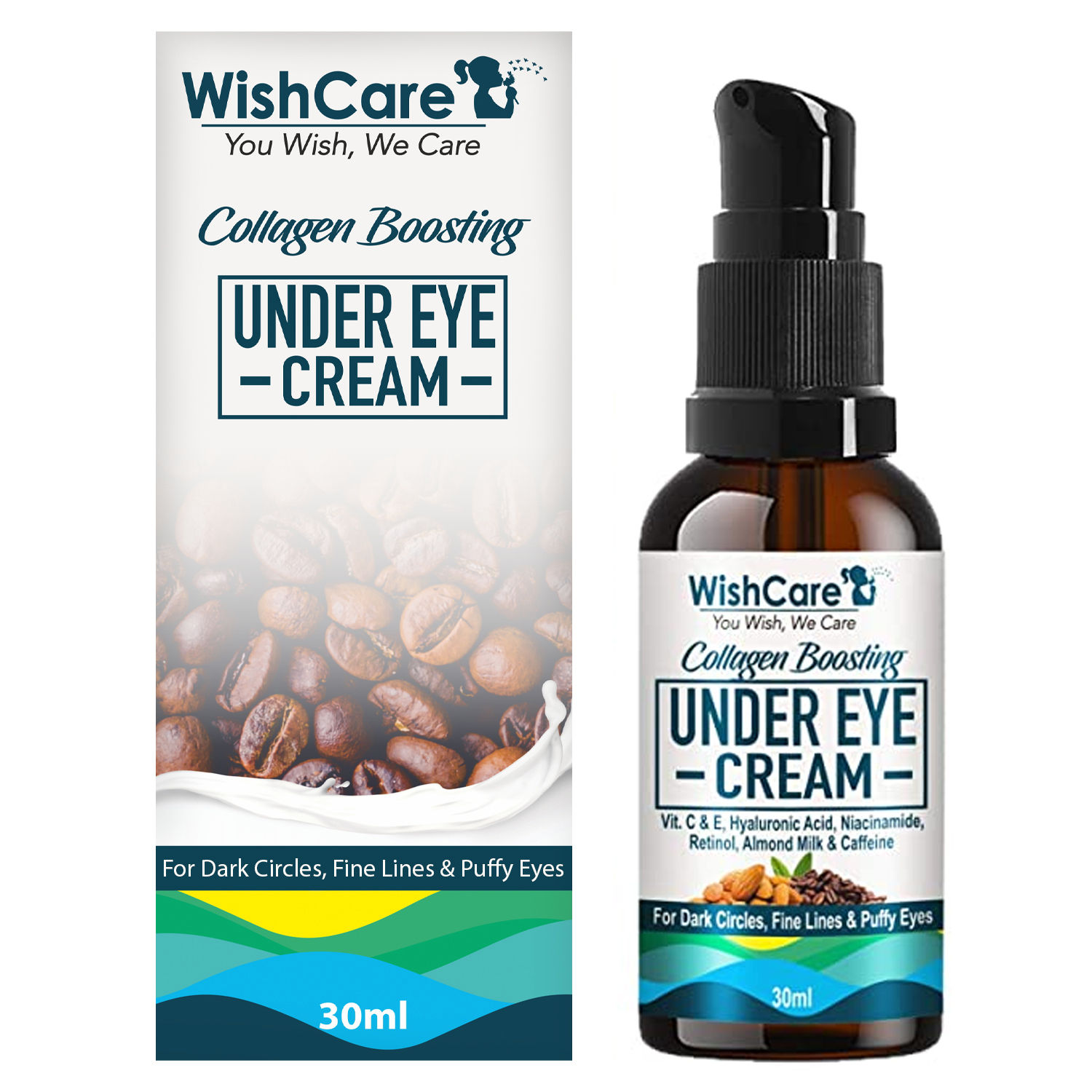 Buy WishCare Collagen Boosting Under Eye Cream For Dark Circles & Puffy Eyes - With Caffeine, Almond Milk, Vit C & E, Hyaluronic Acid, Retinol (30 ml) - Purplle