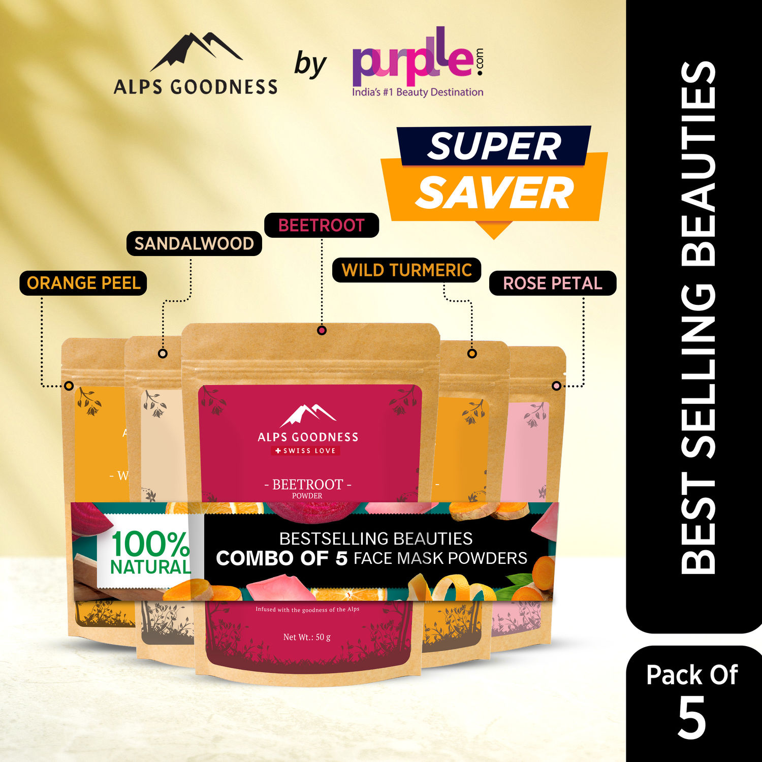 Buy Alps Goodness Bestselling Beauties (Pack of 5) | Beetroot, Sandalwood, Orange peel, Rose petals, & Wild turmeric powder | Beauty Combo for Radiant Skin (5 x 50g) - Purplle