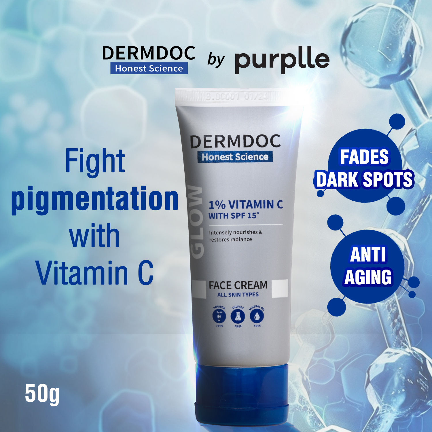 Buy DERMDOC By Purplle 1% Vitamin C with SPF 15* Face Cream (50 gm) | SPF 15 | Skin Brightening | Glowing Skin | Fades Pigmentation & Dark Spots | Lightweight - Purplle