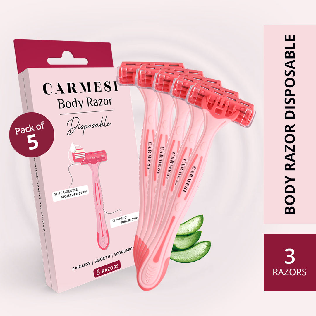 Buy Carmesi Disposable Body Razors for Women - Pack of 5 | Aloe Vera & Vitamin E Moisture Strip For Smooth & Painless Hair Removal | Slip-Proof Rubber Grip | Safe, Hygienic & Economical - Purplle