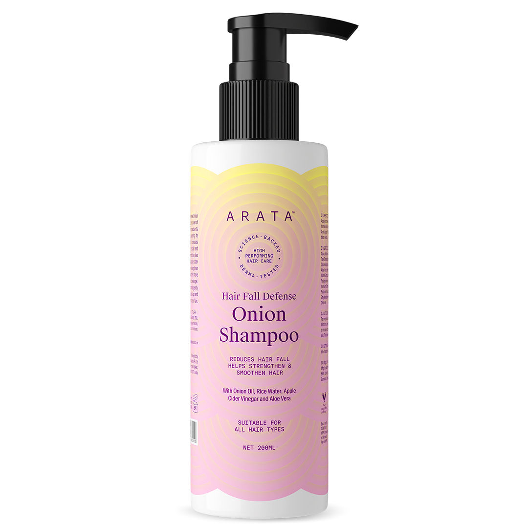 Buy Arata Hair Fall Defense Onion Shampoo (200 ML) | Controls Hair Fall | Helps Strengthen & Smoothen Hair | With Onion Oil, Rice Water, Apple Cider Vinegar and Aloe Vera - Purplle