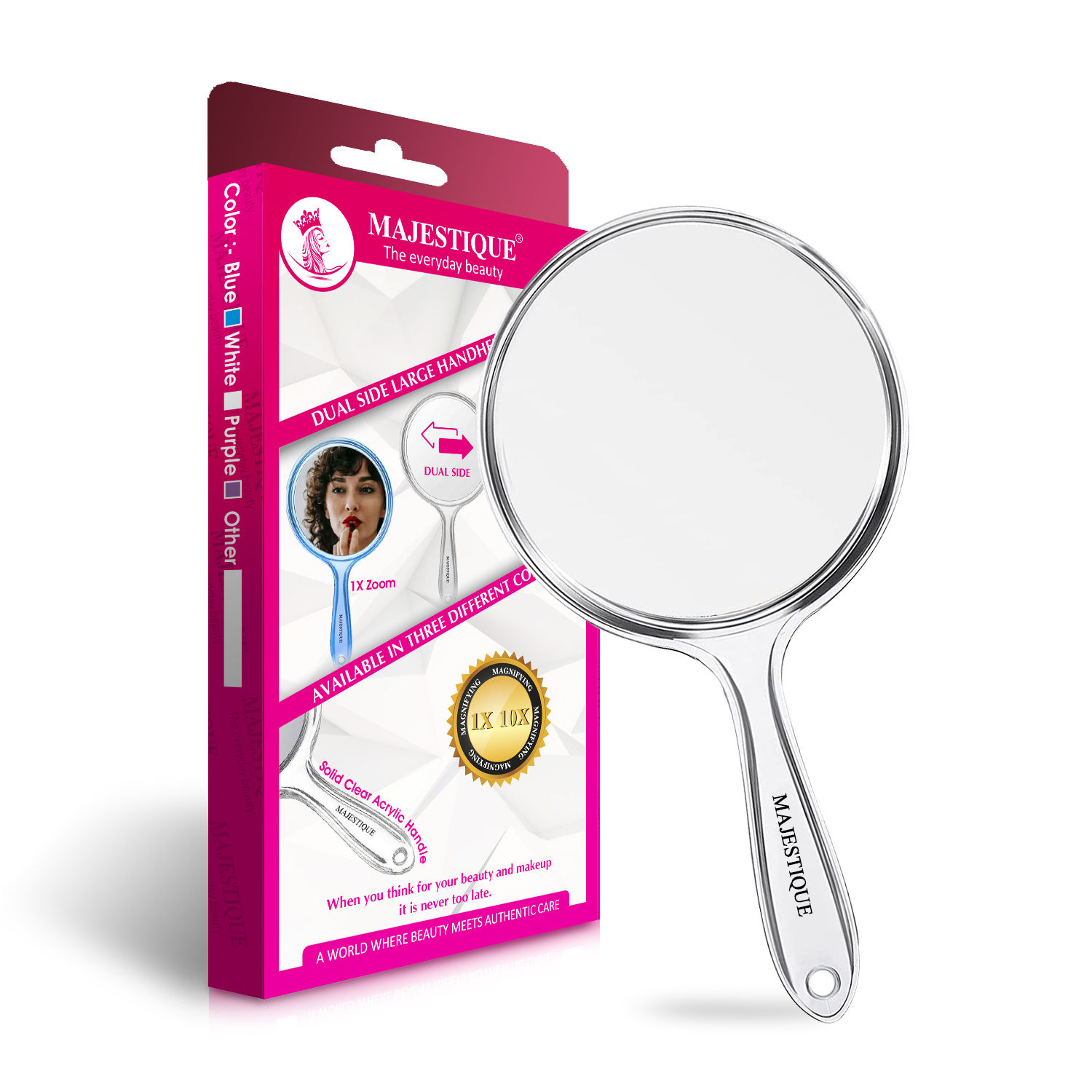 Buy Majestique Dual Side Large Handheld Mirror, 1X/10X Magnifying Mirror Perfect for Shaving, Makeup - Multicolor - Purplle