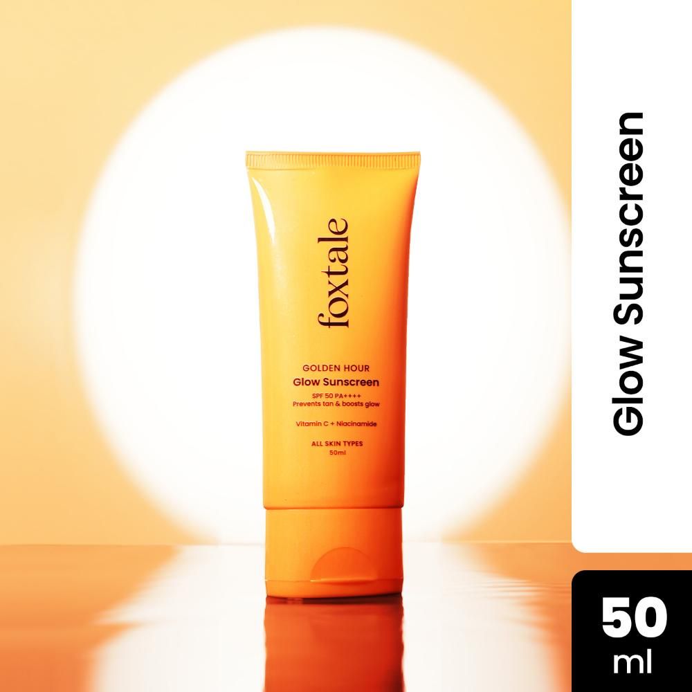 Buy Foxtale Glow Sunscreen SPF 50 PA++++ Lightweight with Vitamin C and Niacinamide | Fast Absorbing | UVA and UVB filters Prevents Tanning | No White Cast | Non-Greasy | For Men & Women | All Skin Types - 50 ml - Purplle