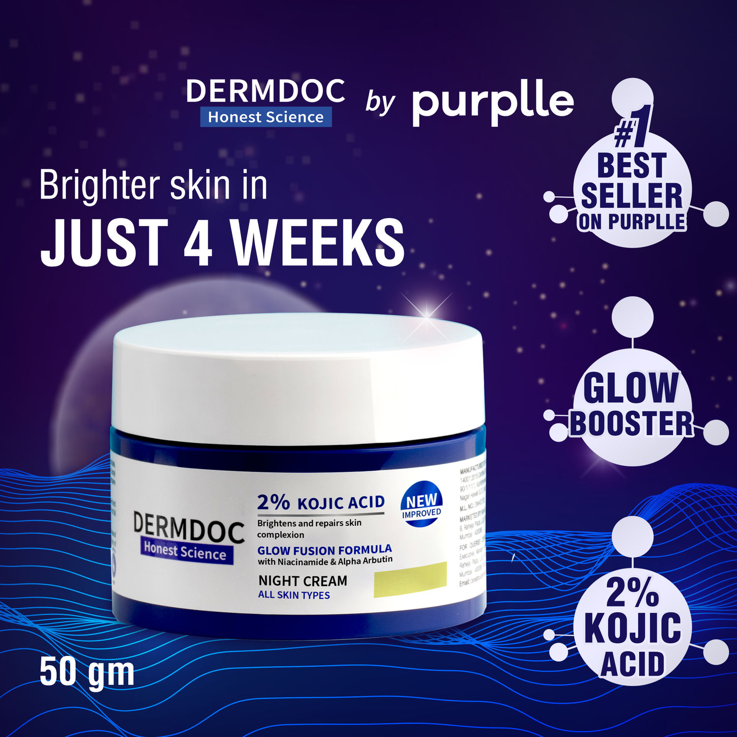 Buy DERMDOC by Purplle 2% Kojic Acid Glow Fusion Formula Night Cream (50g) | with Niacinamide & Alpha Arbutin | | kojic acid cream for hyperpigmentation | kojic acid for dark spots | skin whitening | kojic acid brightening cream | pigmentation on face - Purplle