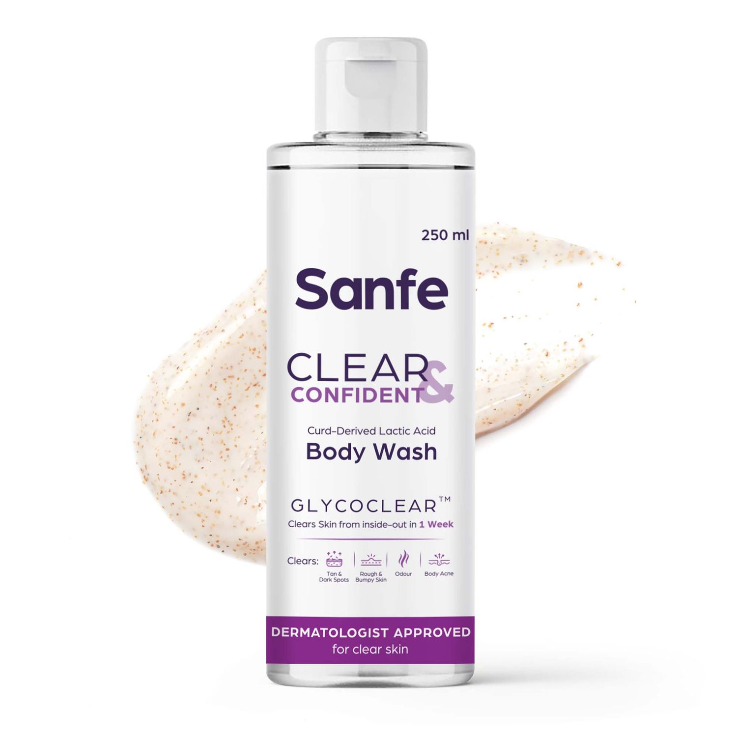 Buy Sanfe Clear & Confident Glycolic Acid Body Wash | AHA Exfoliating Body Wash for Rough Bumpy Skin & Strawberry Skin | Smooth Skin from 1st Use | 250ml - Purplle