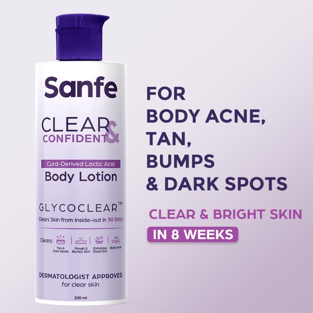 Buy Sanfe Clear & Confident Glycolic Acid Body Lotion | Daily AHA Lotion| Smooths Rough & Bumpy Skin - With Niacinamide, Lactic & Glycolic Acid | Smooth Skin from 1st Use | 200ml - Purplle